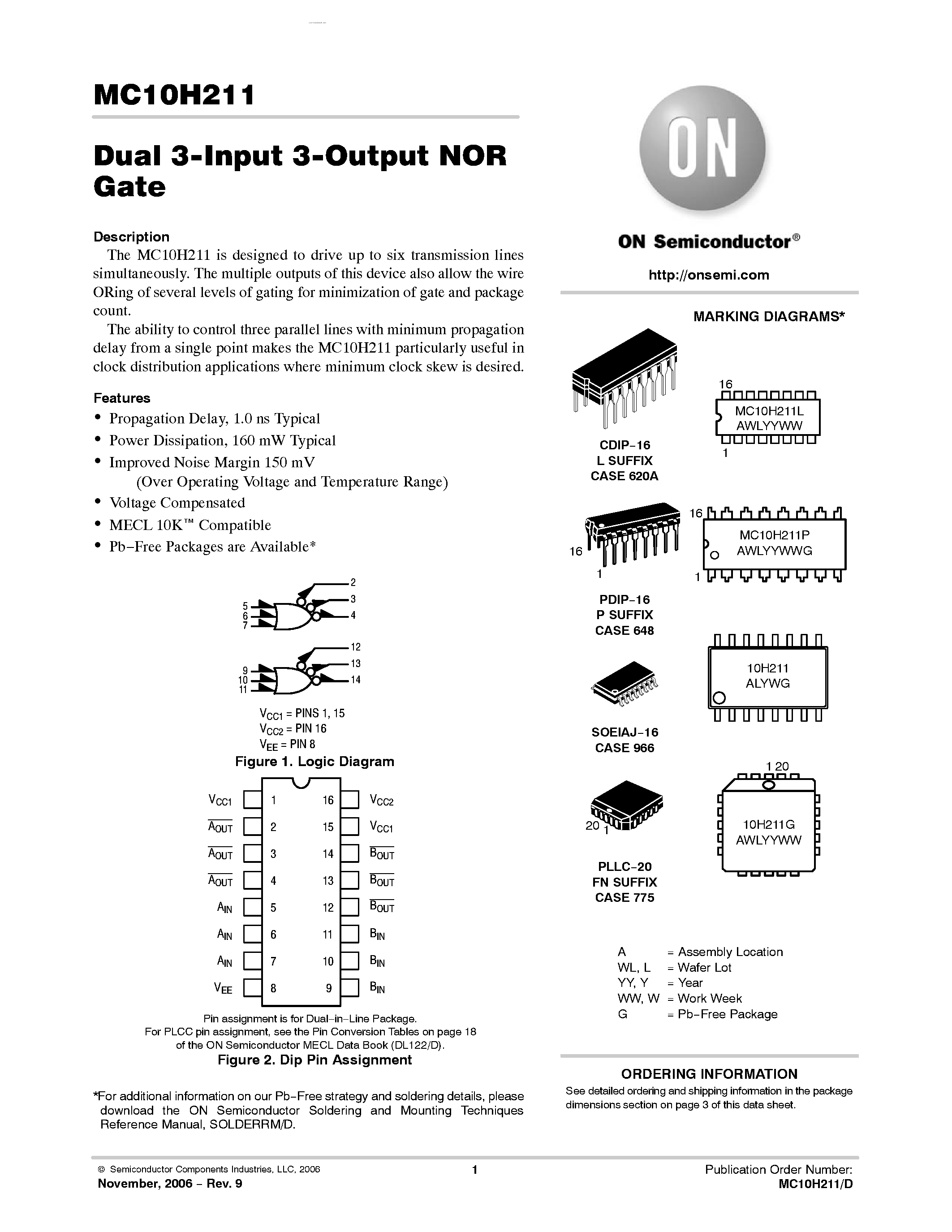 Datasheet MC10H211 - Dual 3-Input 3-Output NOR Gate page 1