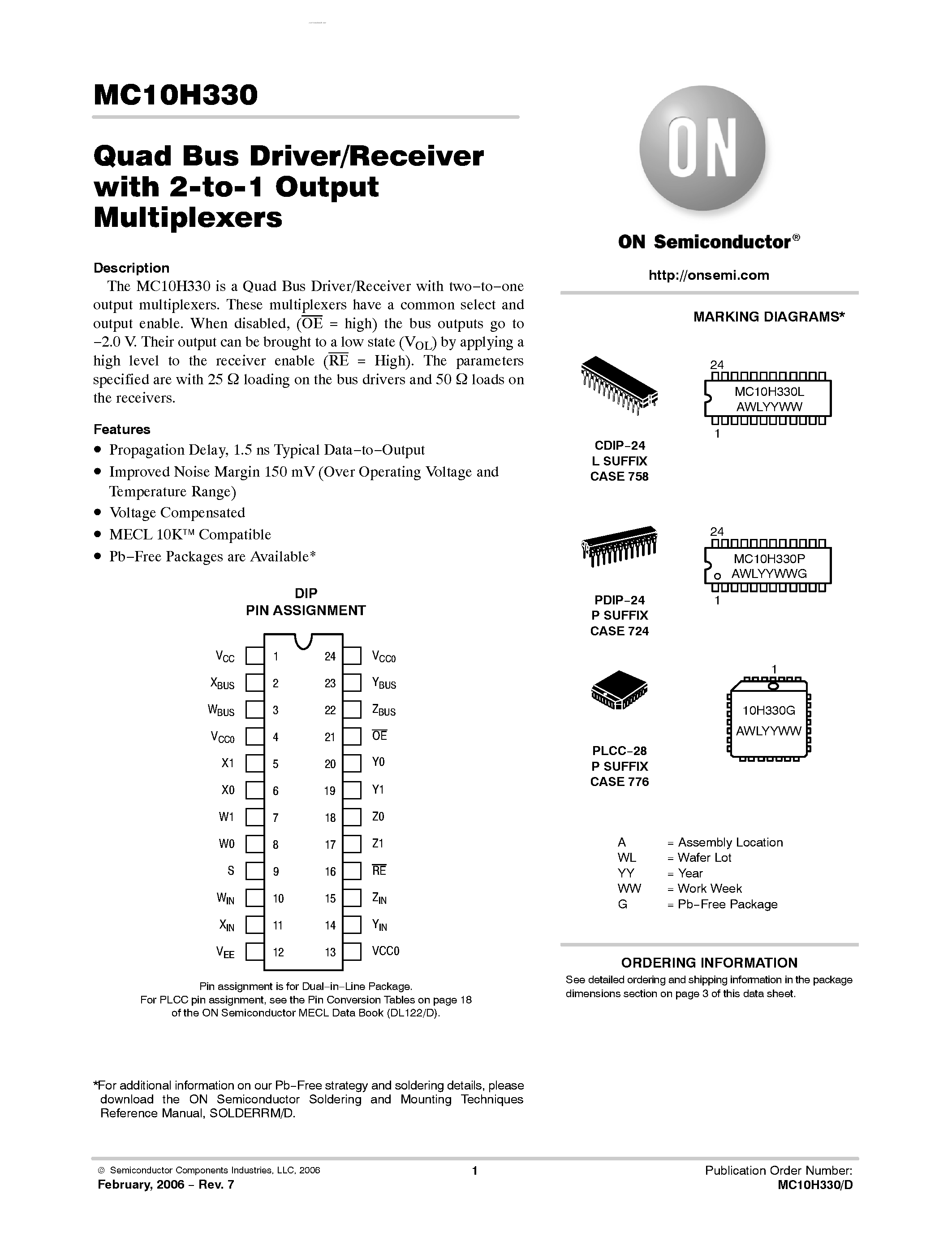 Datasheet MC10H330 - Quad Bus Driver/Receiver with 2-to-1 Output Multiplexers page 1