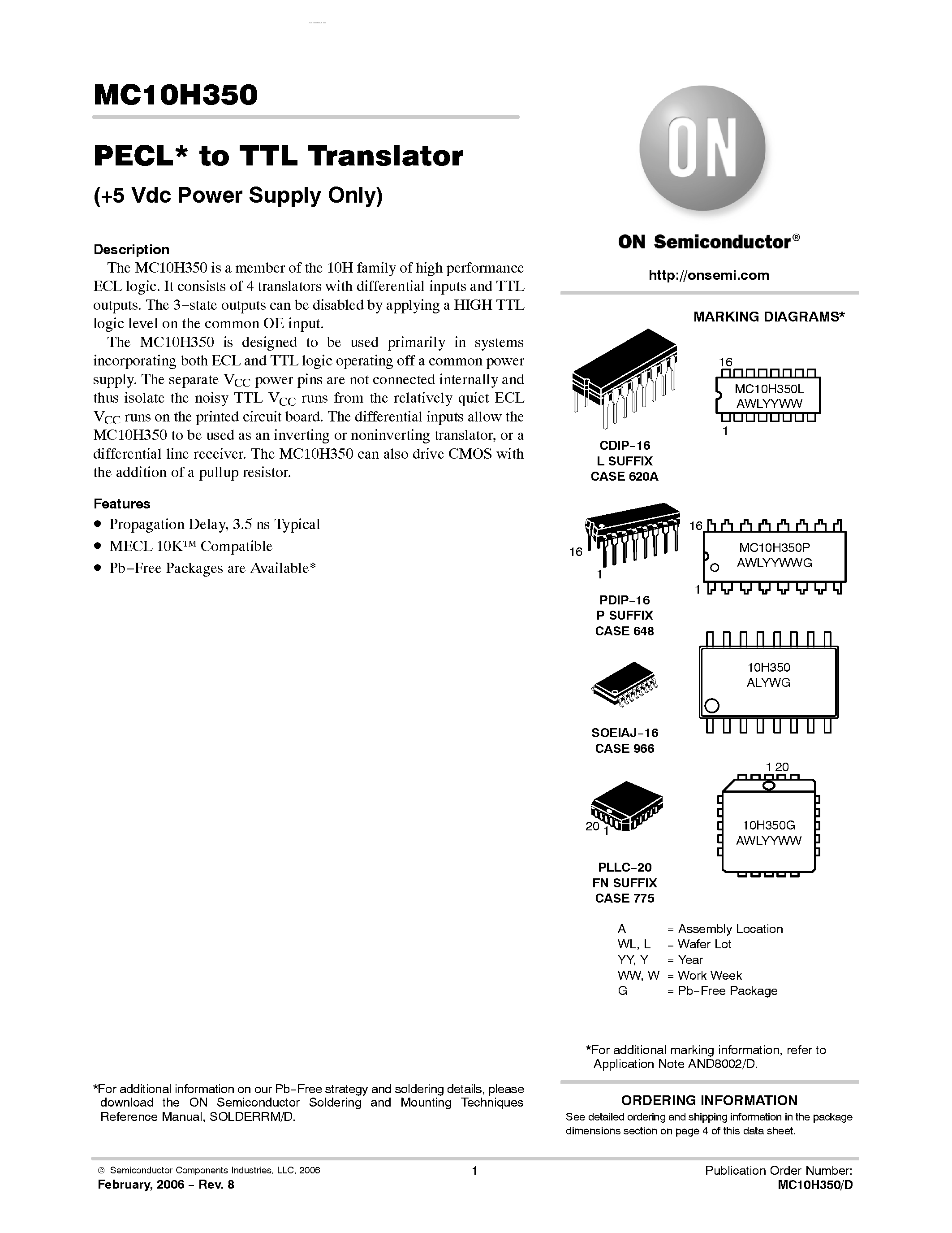 Datasheet MC10H350 - PECL* to TTL Translator(+5 Vdc Power Supply Only) page 1
