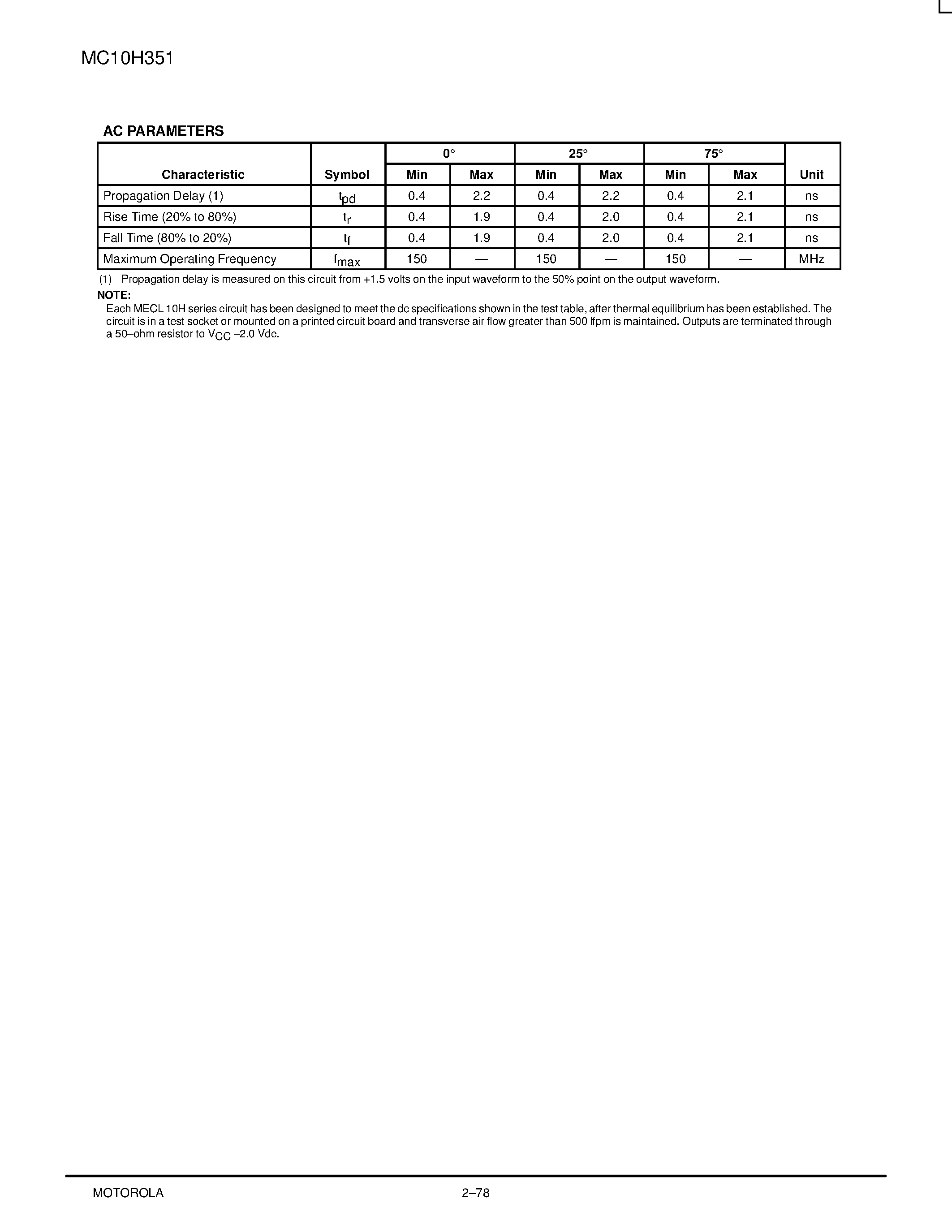 Datasheet MC10H351L page 2 Datasheet MC10H351L - Quad TTL/NMOS to PECL Translator page 2