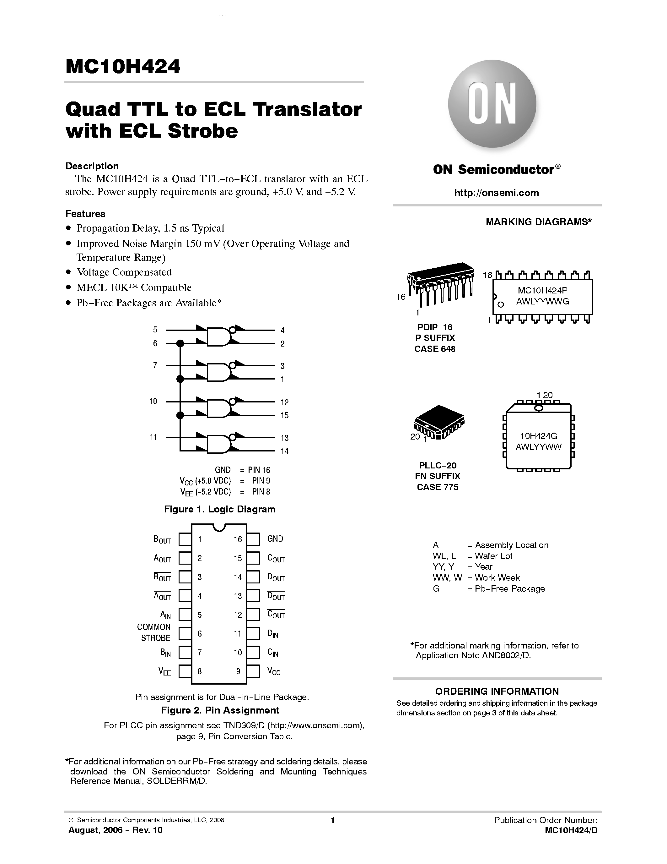 Даташит MC10H424 - Quad TTL-to-ECL Translator with ECL Strobe страница 1
