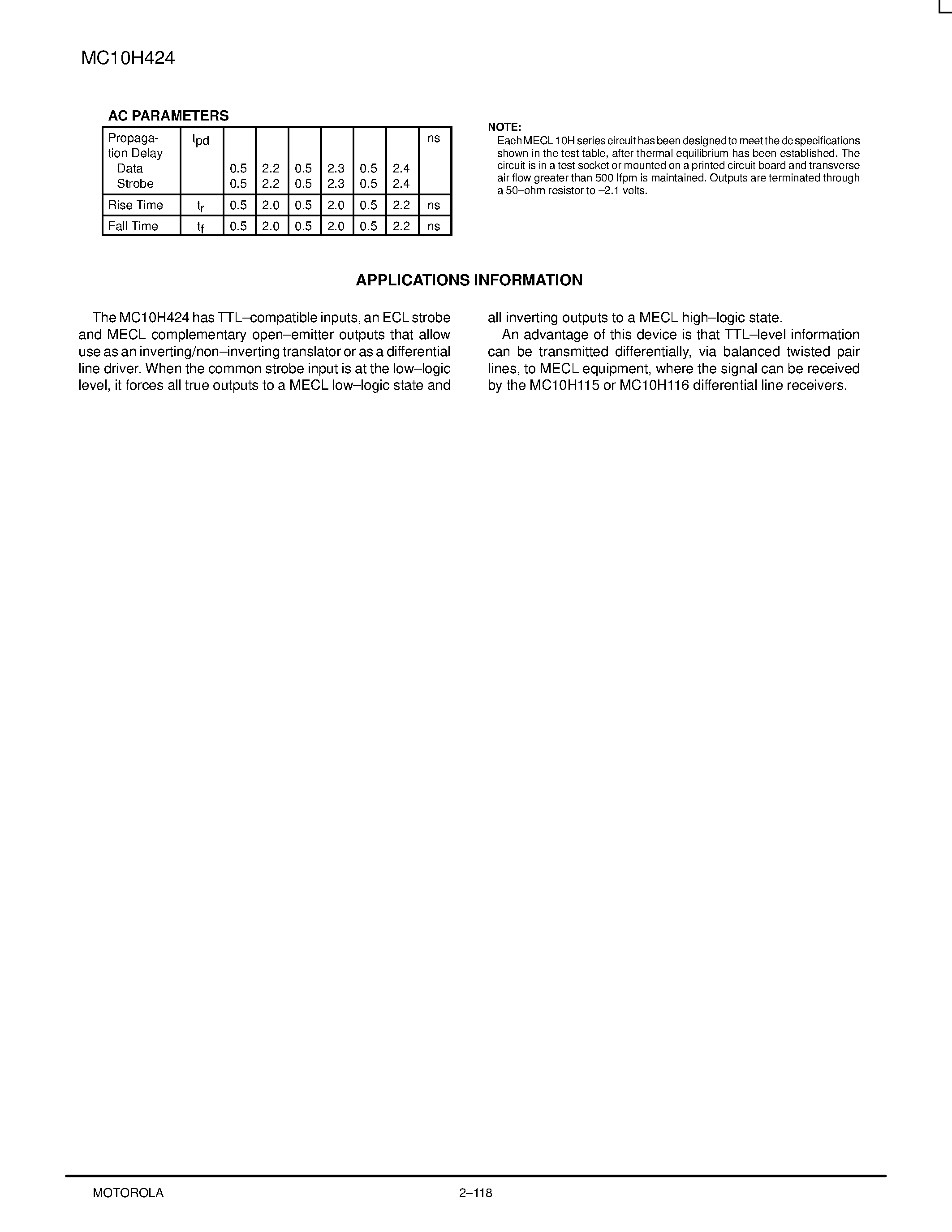 Datasheet MC10H424P page 2 Datasheet MC10H424P - Quad TTL-to-ECL Translator with ECL Strobe page 2