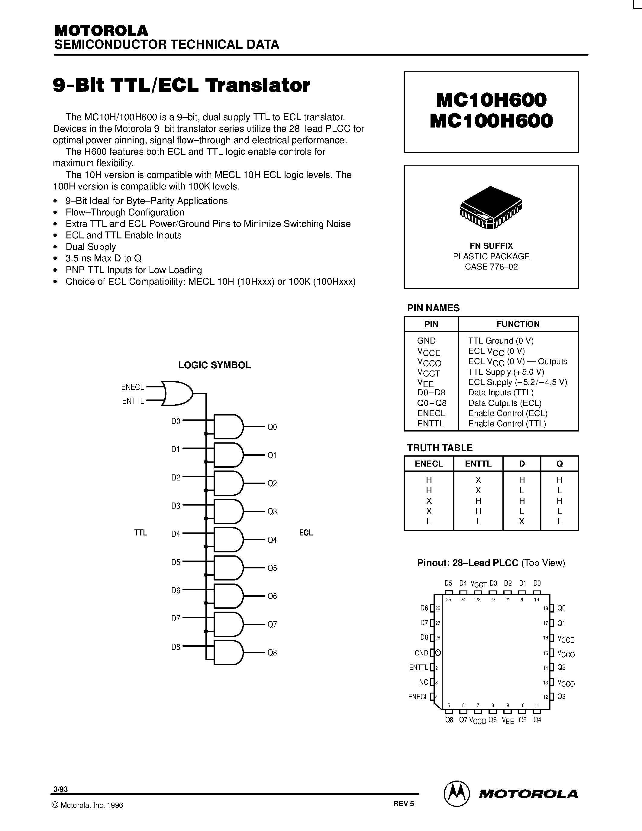 Datasheet MC10H600FN - 9-Bit TTL/ECL Translator page 1