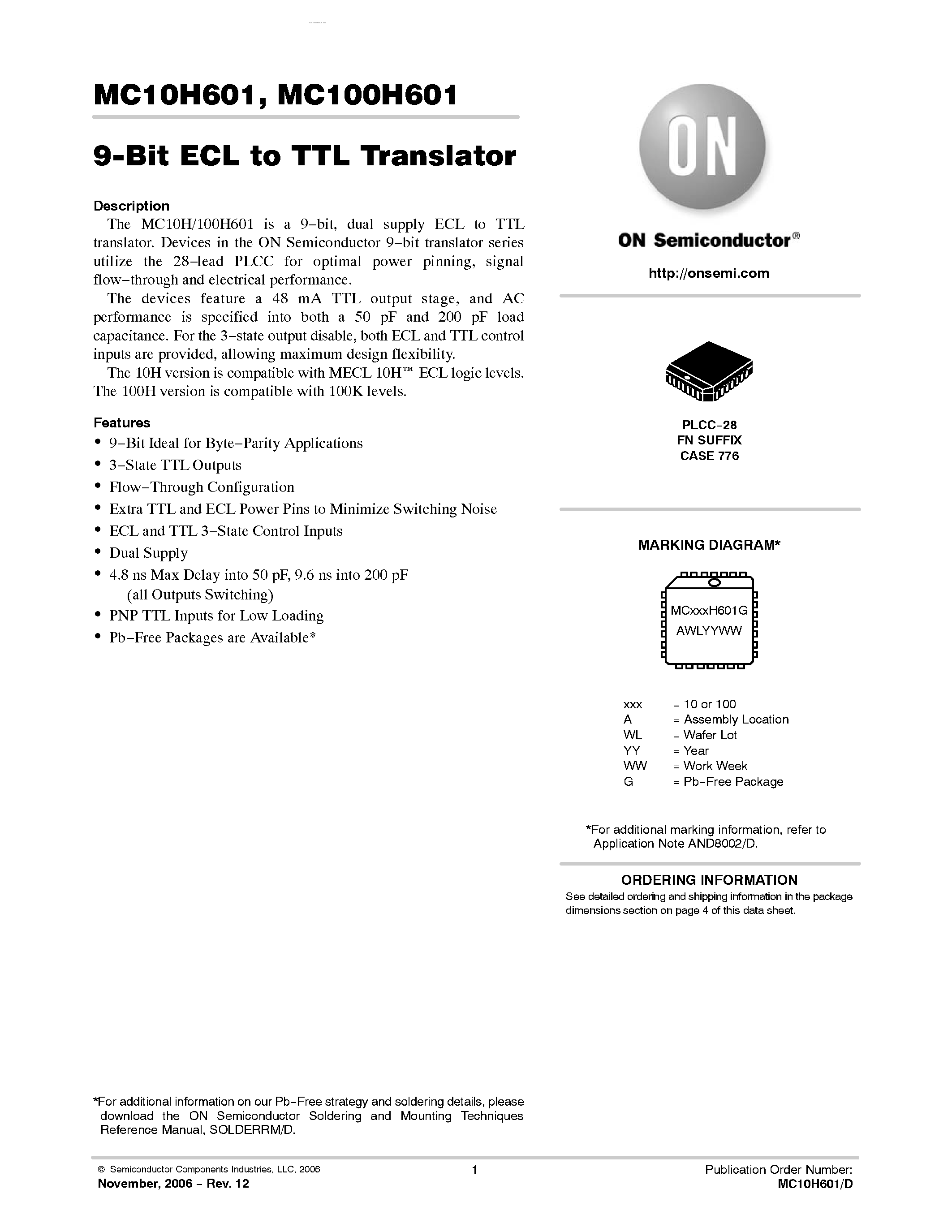 Datasheet MC10H601 - 9-Bit ECL/TTL Translator page 1
