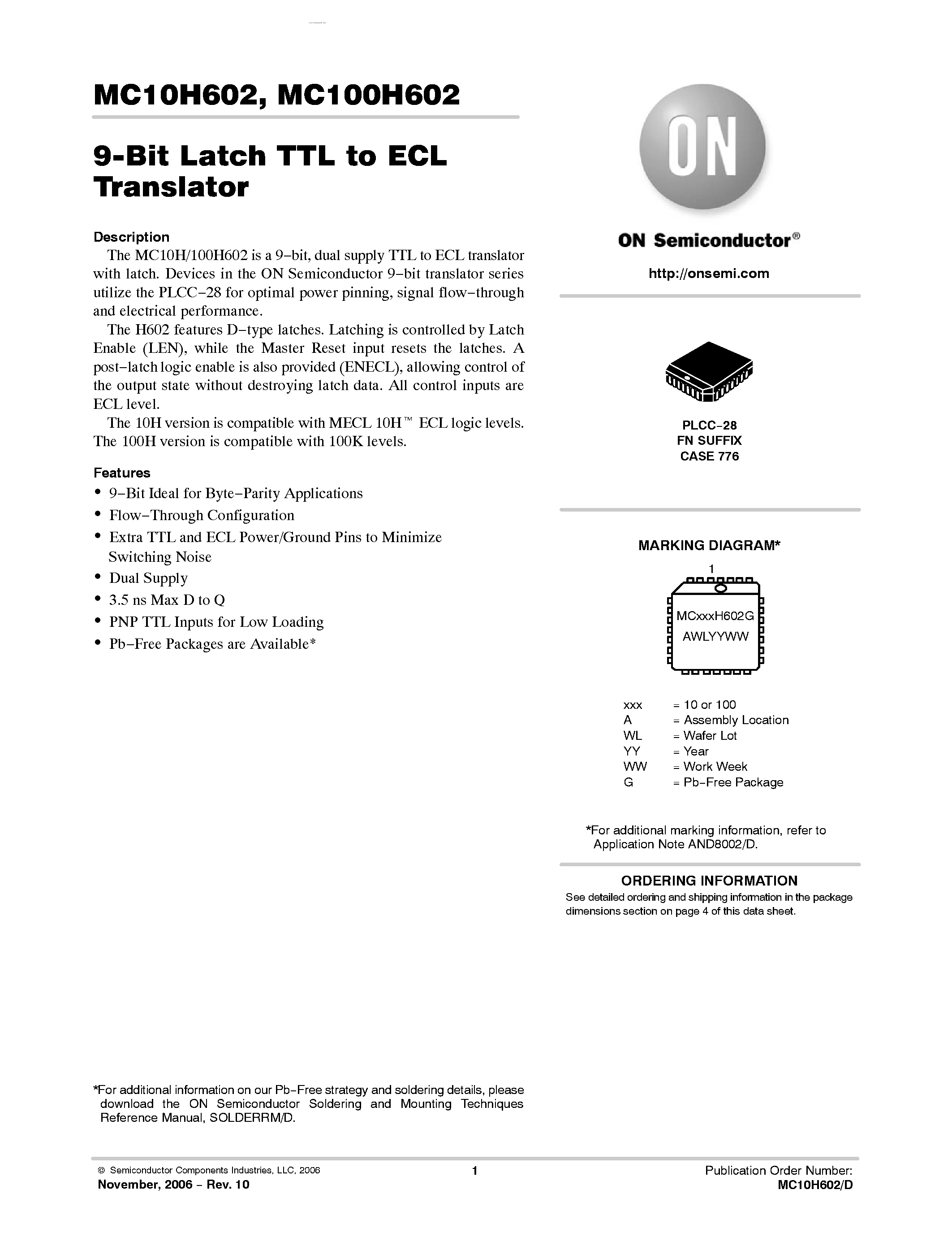 Datasheet MC10H602 - 9-Bit Latch TTL/ECL Translator page 1