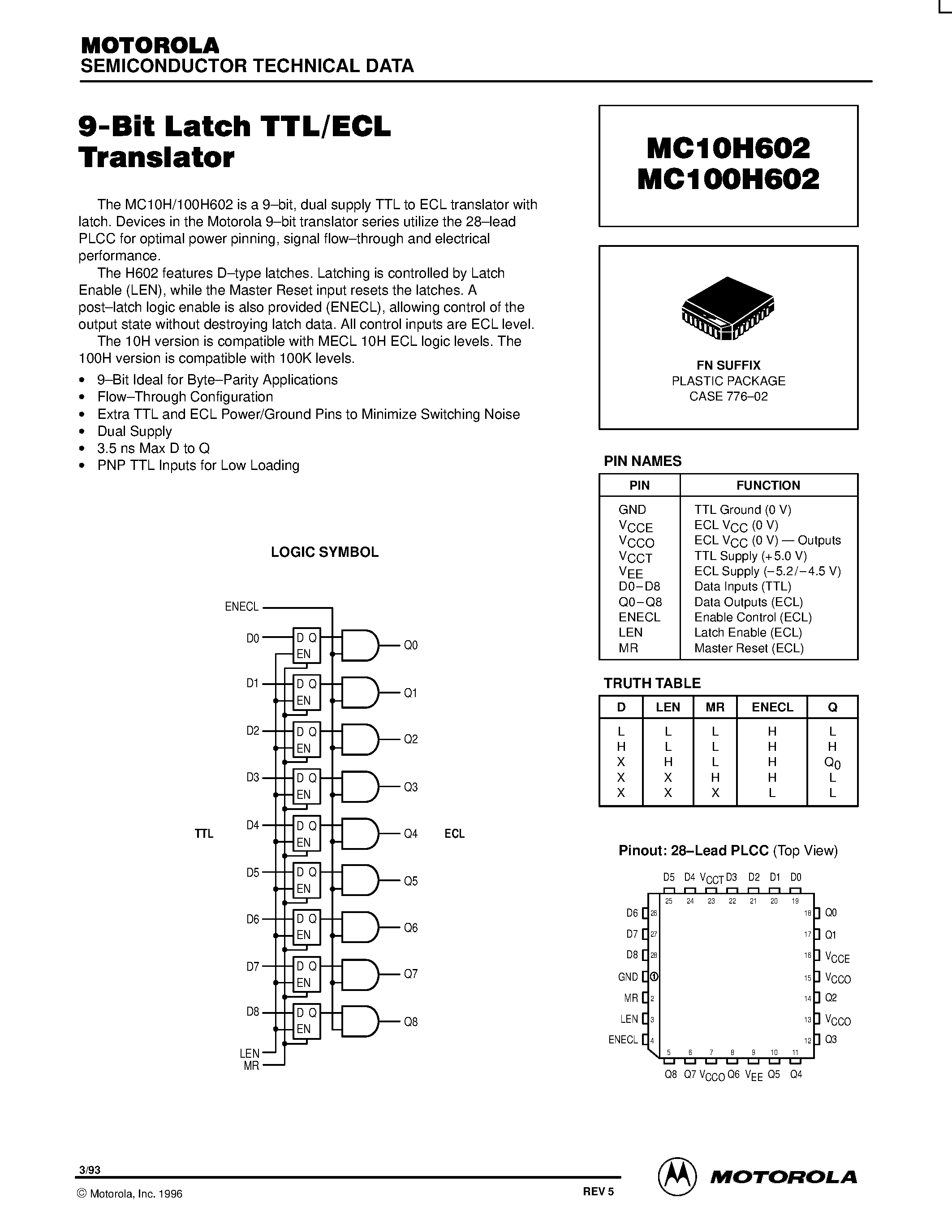 Datasheet MC10H602FN - 9-Bit Latch TTL/ECL Translator page 1