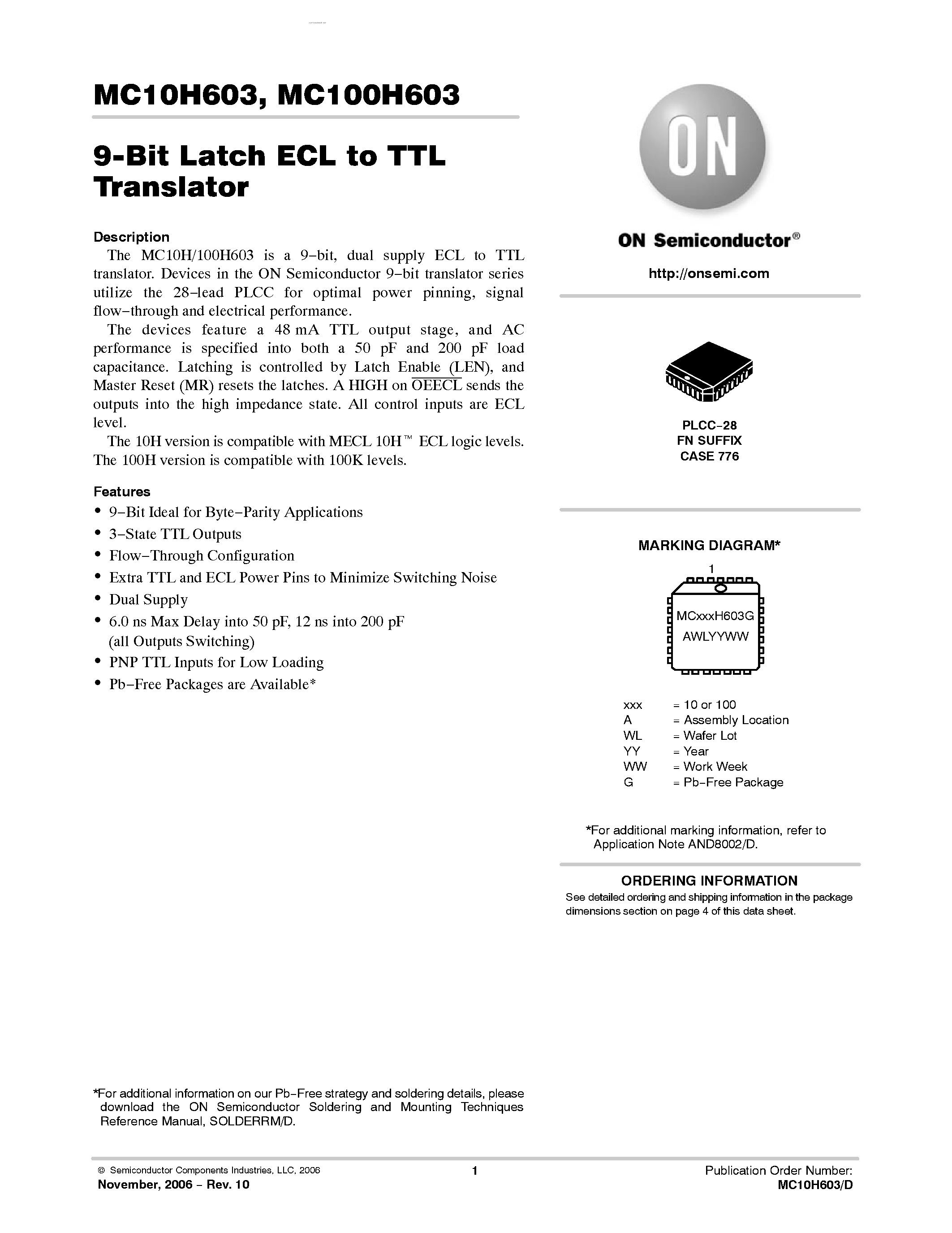 Datasheet MC10H603 - 9-Bit Latch ECL/TTL Translator page 1