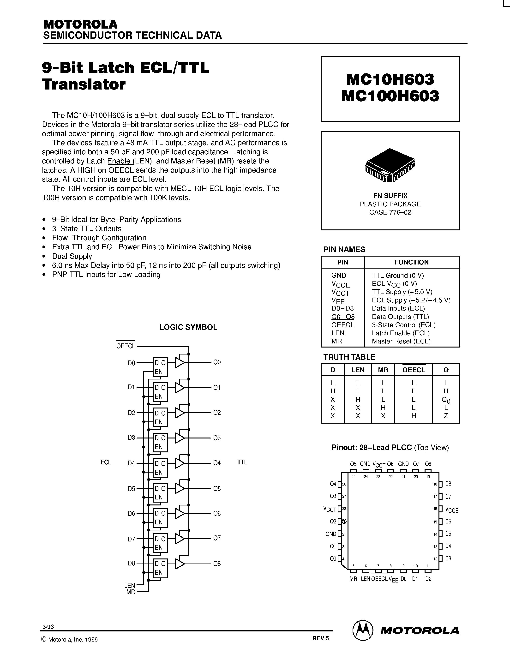 Datasheet MC10H603FN - 9-Bit Latch ECL/TTL Translator page 1