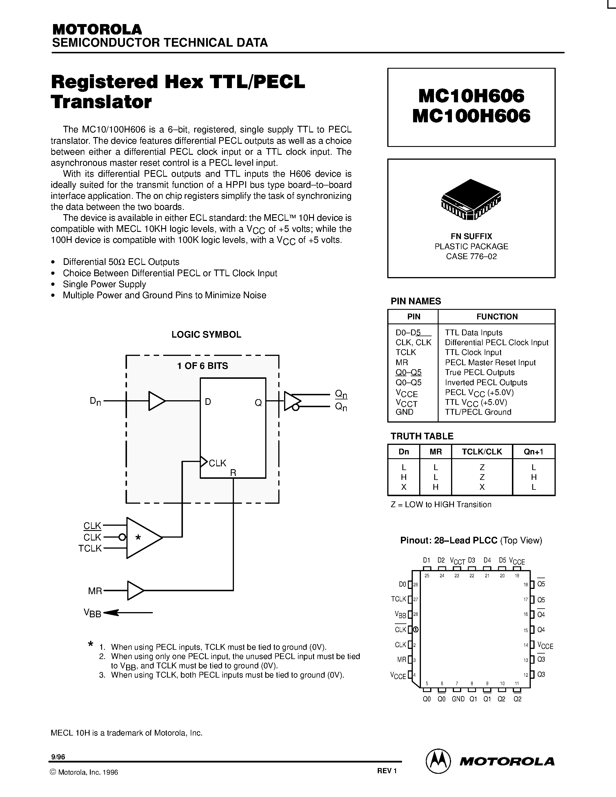 Даташит MC10H606FN - Registered Hex TTL/PECL Translator страница 1