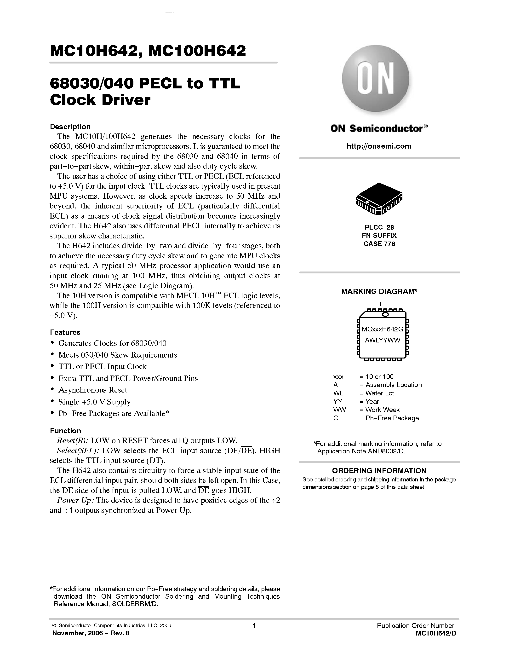 Даташит MC10H642 - 68030/040 PECL-TTL CLOCK DRIVER страница 1