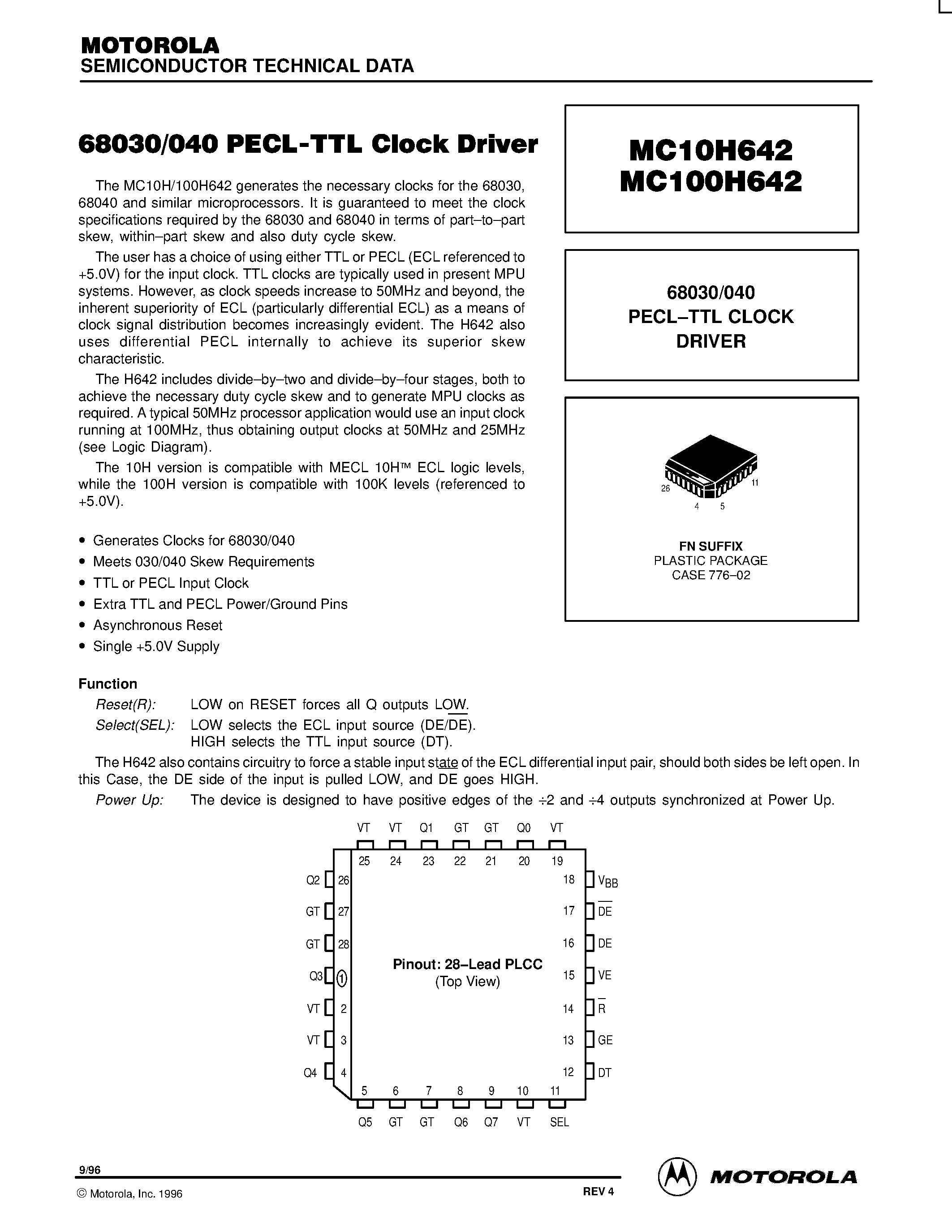 Datasheet MC10H642FN page 1 Datasheet MC10H642FN - 68030/040 PECL-TTL CLOCK DRIVER page 1