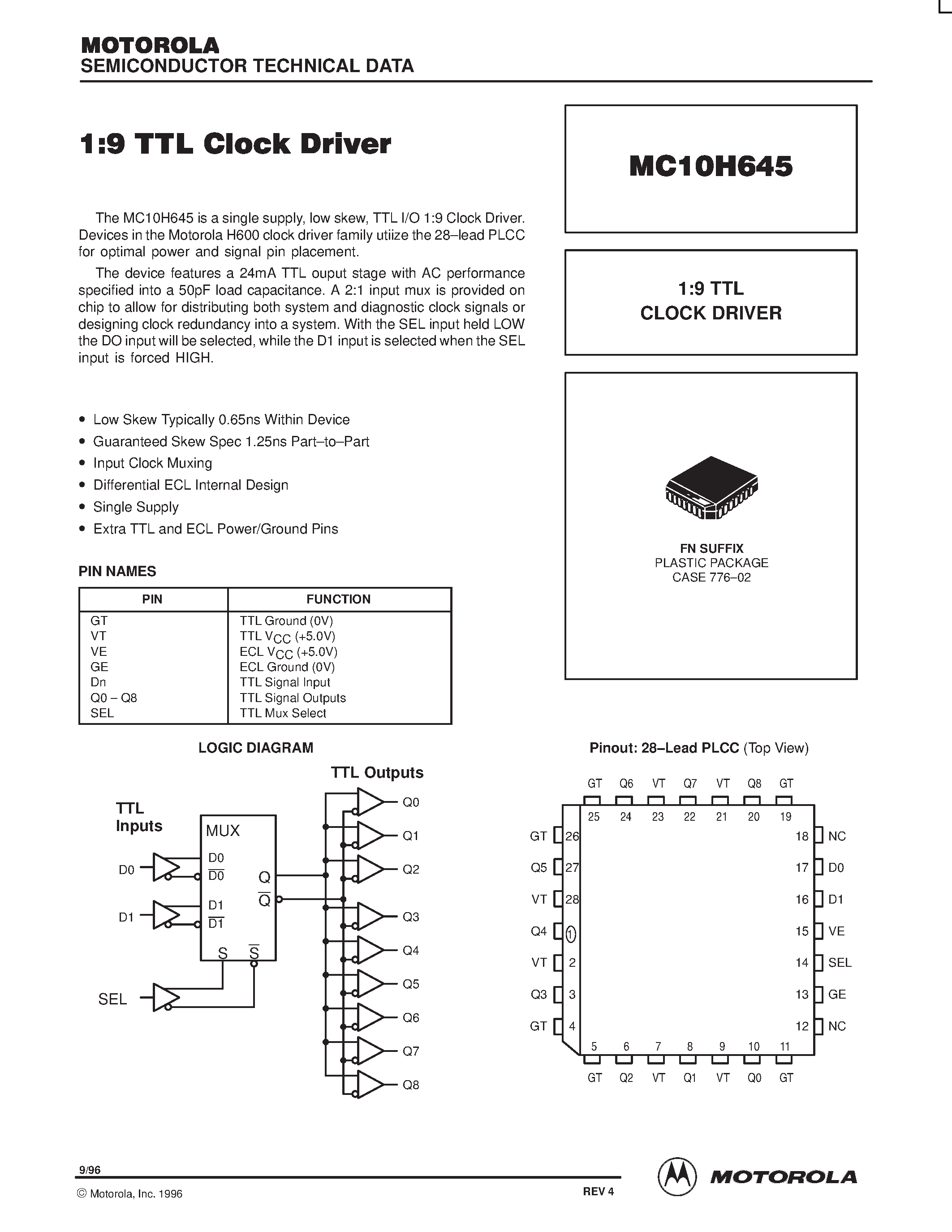 Даташит на микросхему MC10H645 страница 1 Даташит MC10H645 - 1:9 TTL CLOCK DRIVER страница 1