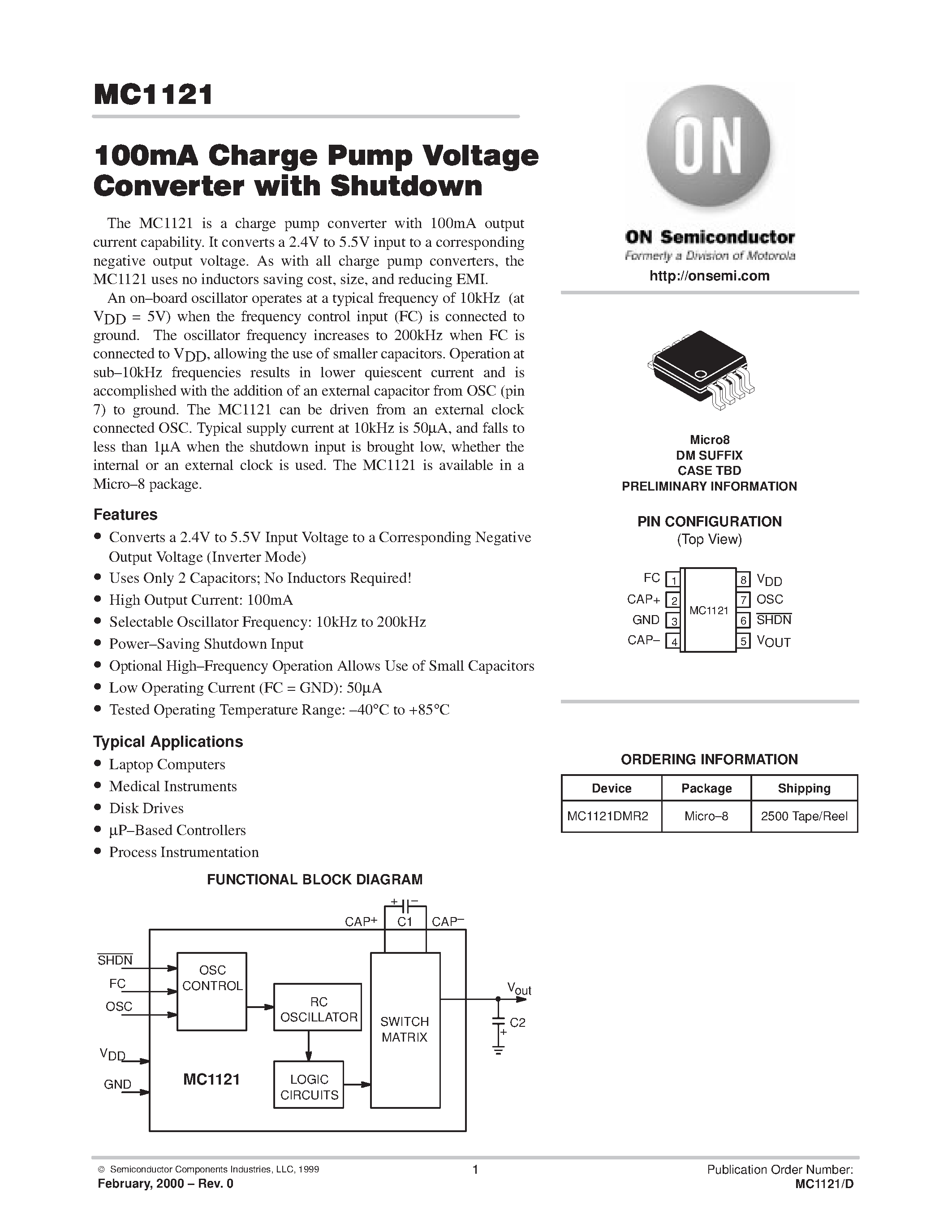 Datasheet MC1121 page 1 Datasheet MC1121 - 100mA Charge Pump Voltage Converter with Shutdown page 1