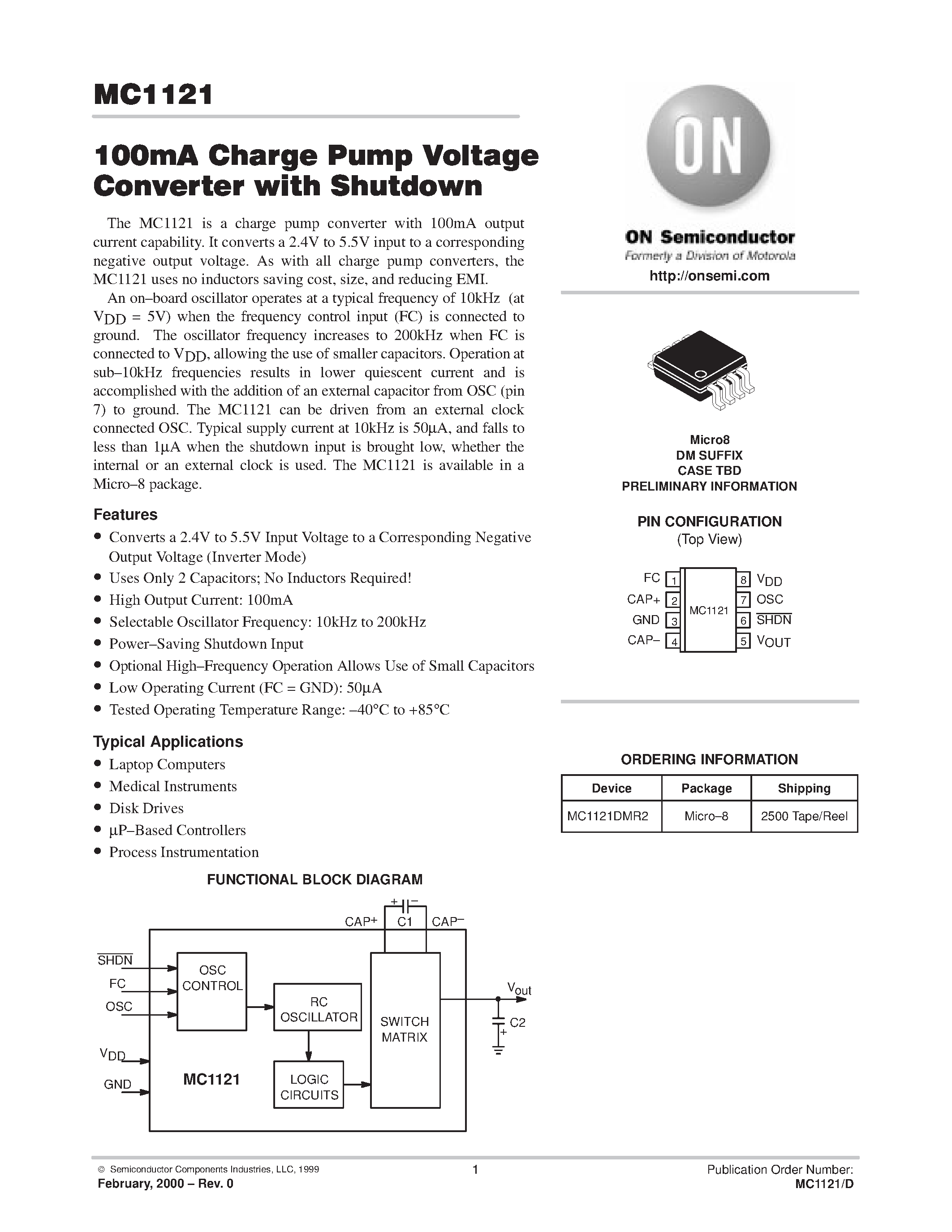 Datasheet MC1121 - 100mA Charge Pump Voltage Converter with Shutdown page 1