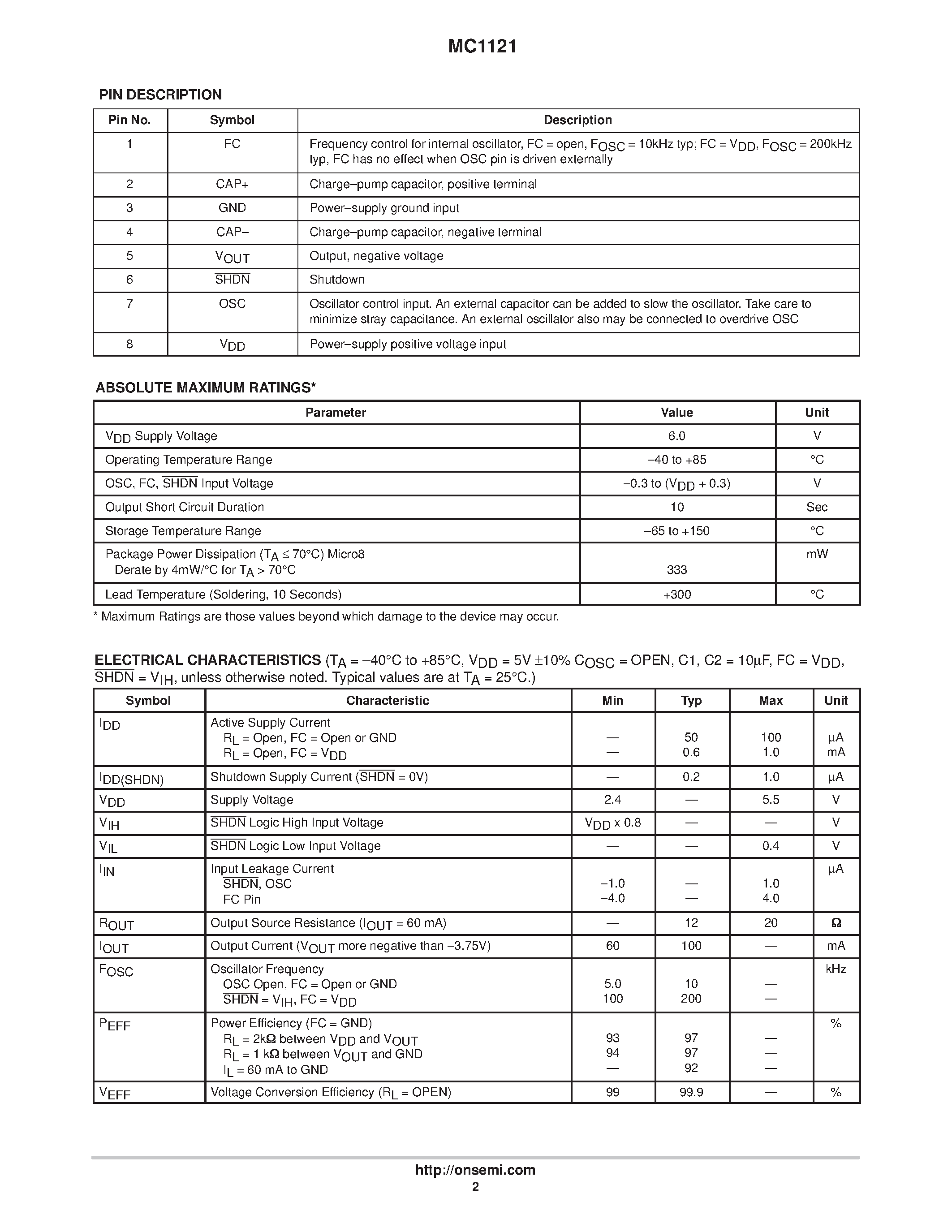 Datasheet MC1121 page 2 Datasheet MC1121 - 100mA Charge Pump Voltage Converter with Shutdown page 2