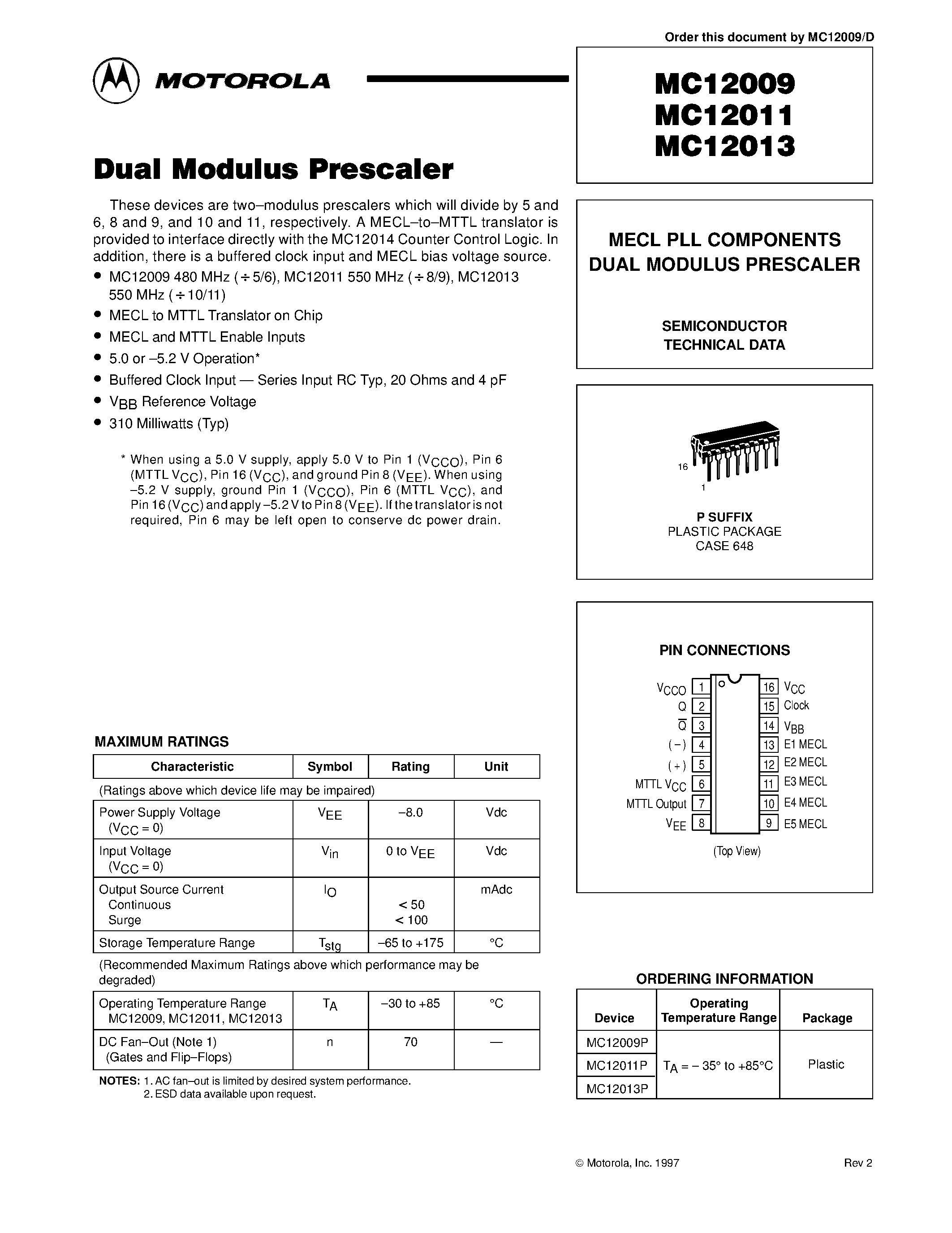 Даташит MC12009P - MECL PLL COMPONENTS DUAL MODULUS PRESCALER страница 1