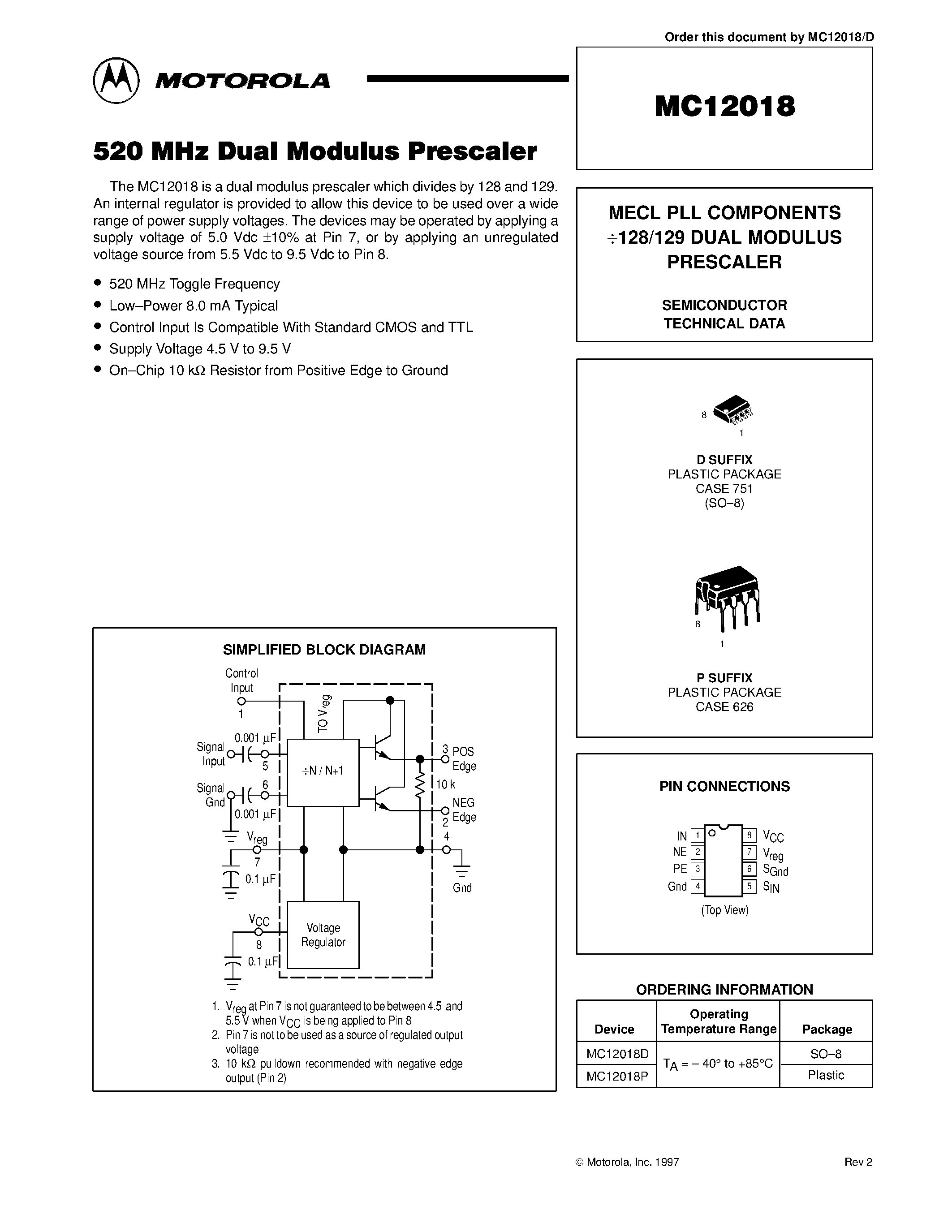 Datasheet MC12018P - MECL PLL COMPONENTS 128/129 DUAL MODULUS page 1