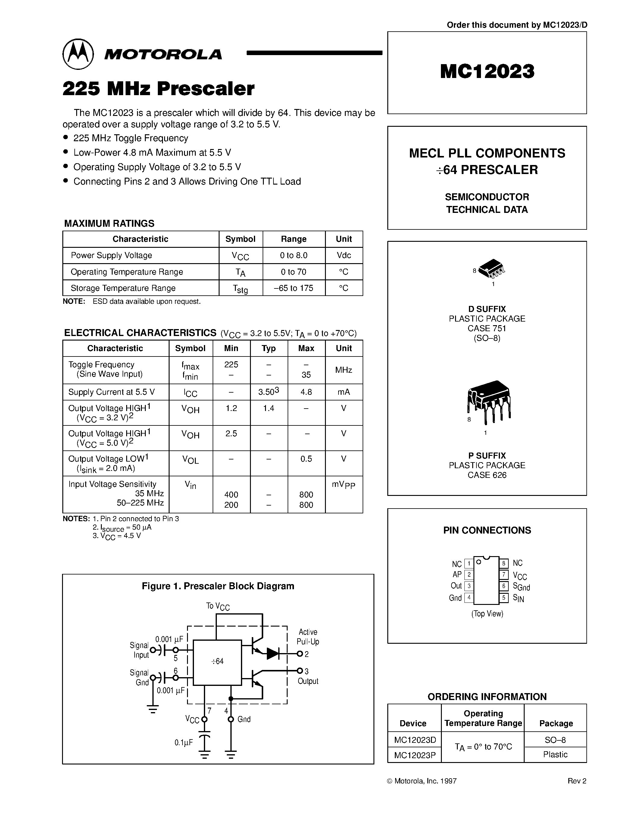 Даташит на микросхему MC12023 страница 1 Даташит MC12023 - MECL PLL COMPONENTS 64 PRESCALER страница 1