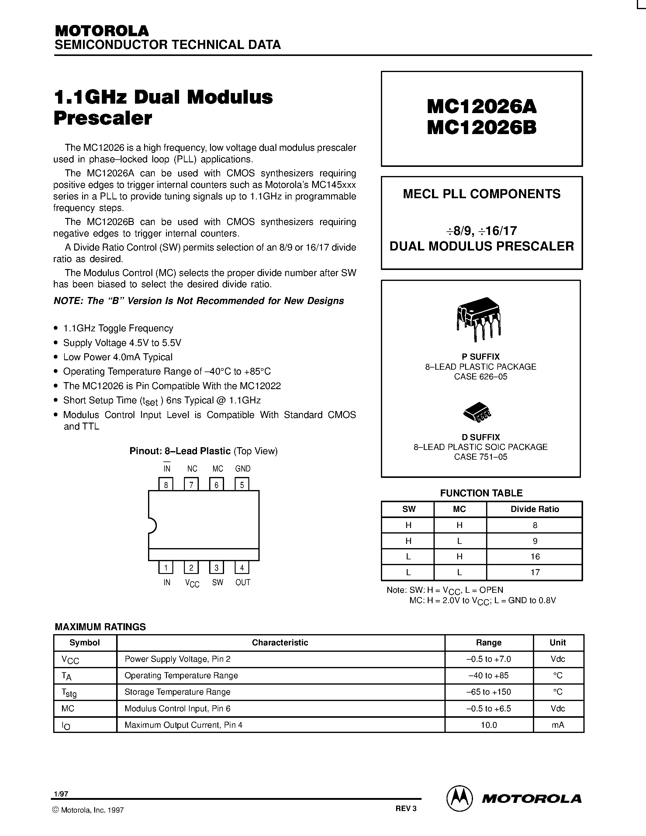 Datasheet MC12026AD - MECL PLL COMPONENTS 8/9 / 16/17 DUAL MODULUS PRESCALER page 1