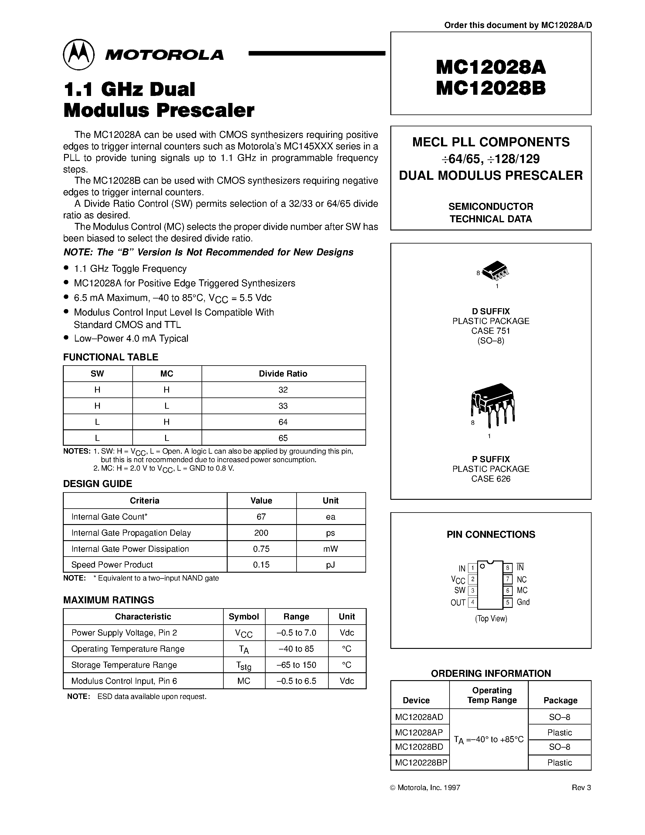 Datasheet MC12028 - MECL PLL COMPONENTS 64/65 / 128/129 DUAL MODULUS PRESCALER page 1