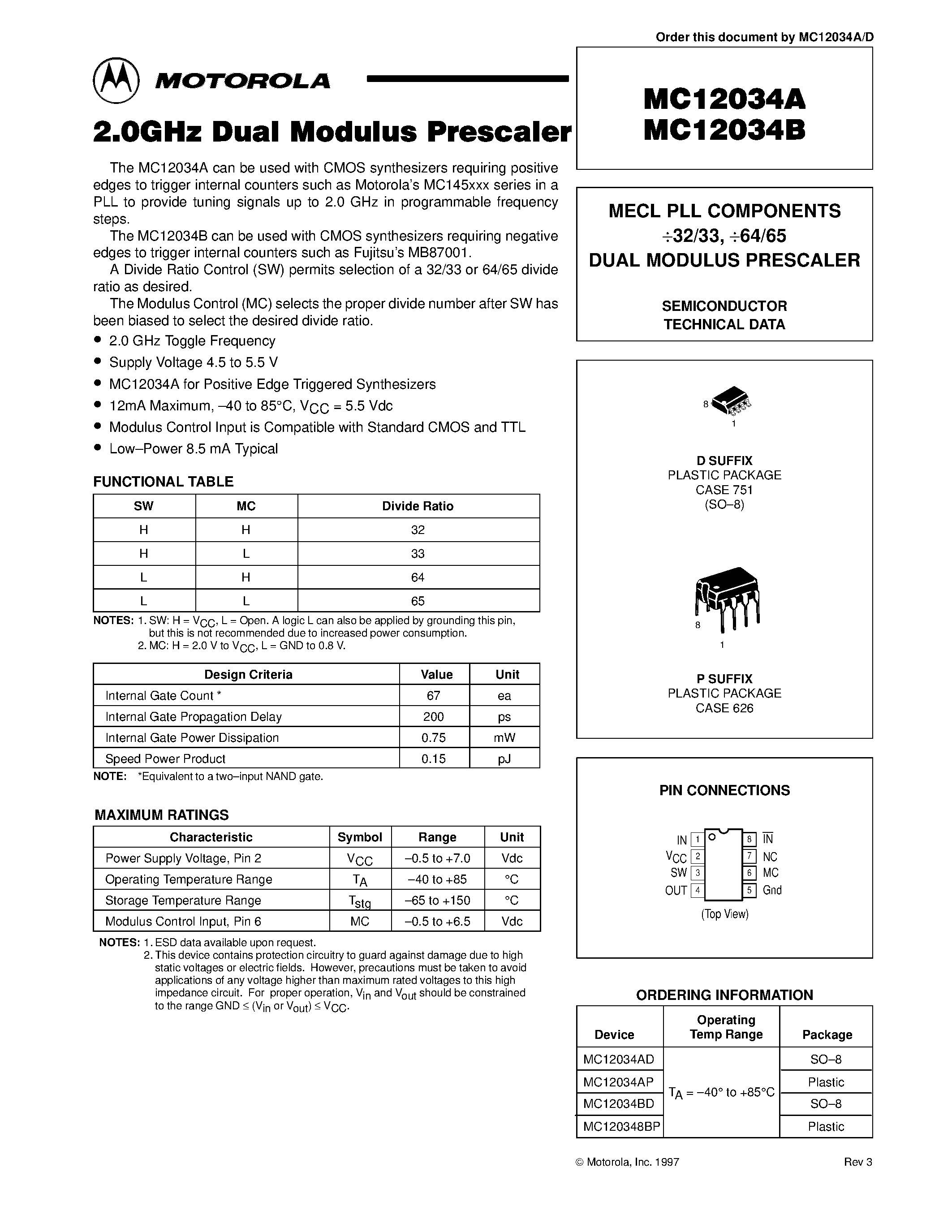 Даташит MC12034AD - MECL PLL COMPONENTS 32/33 / 64/65 DUAL MODULUS PRESCALER страница 1
