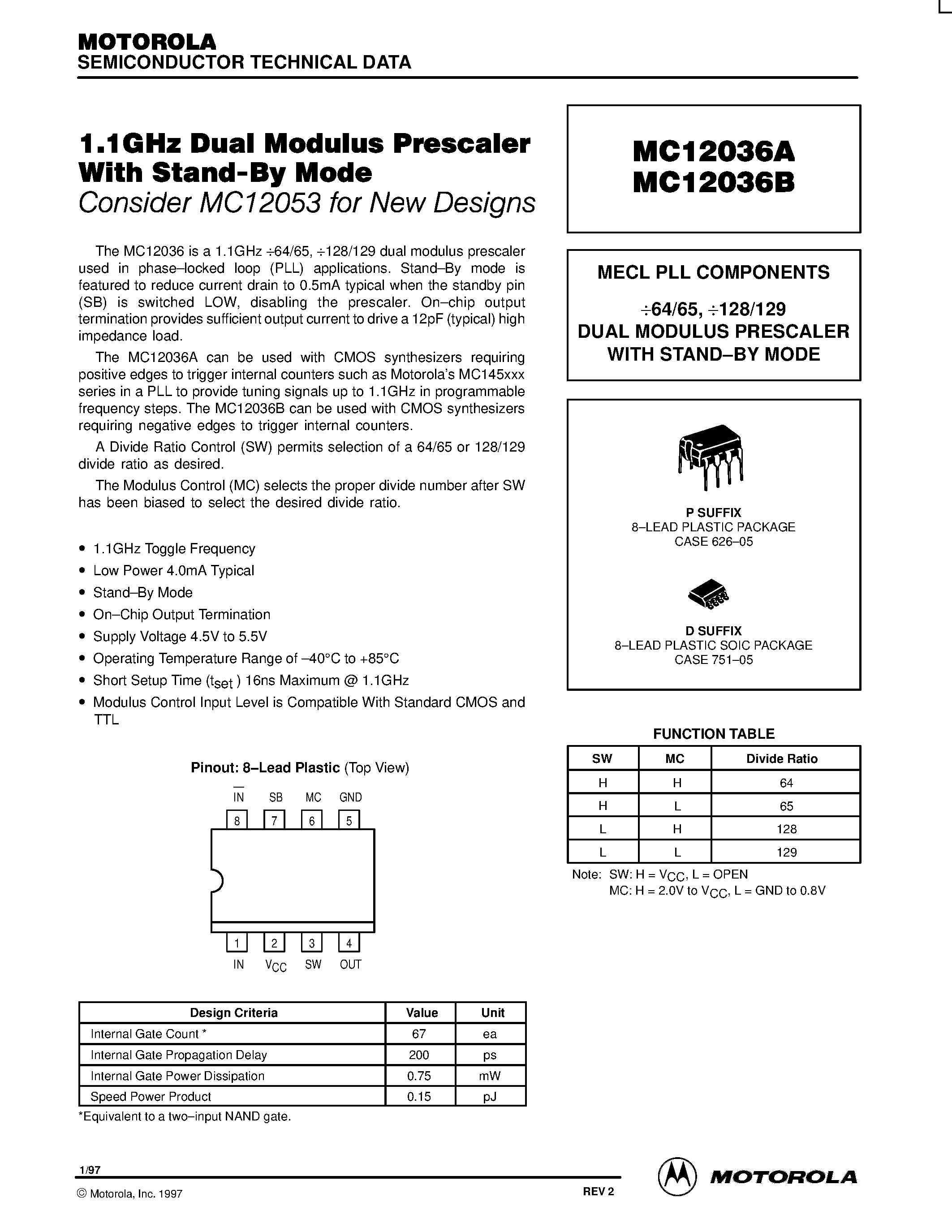 Даташит MC12036BD - MECL PLL COMPONENTS 64/65 / 128/129 DUAL MODULUS PRESCALER WITH STAND-BY MODE страница 1