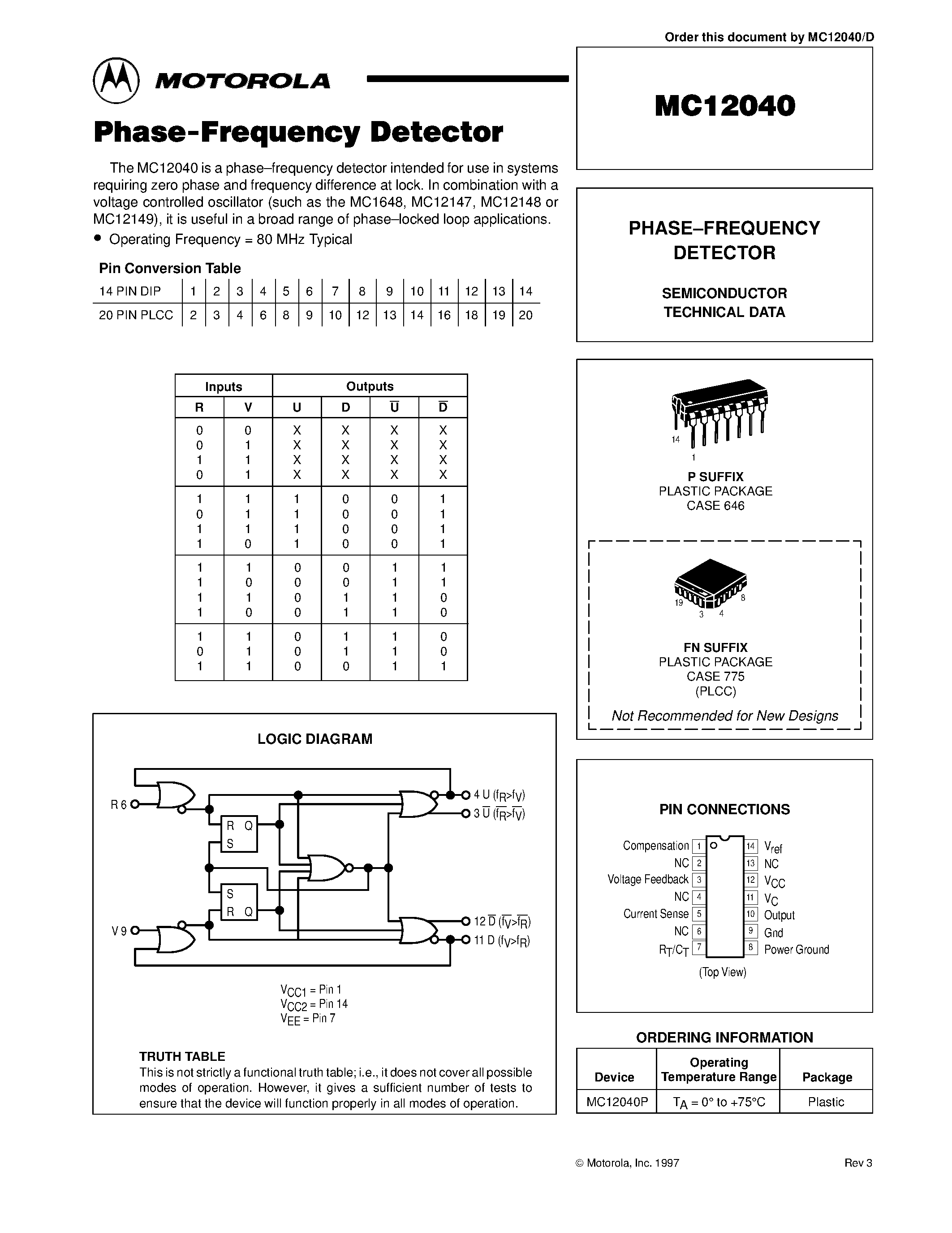 Даташит MC12040P - PHASE-FREQUENCY DETECTOR страница 1