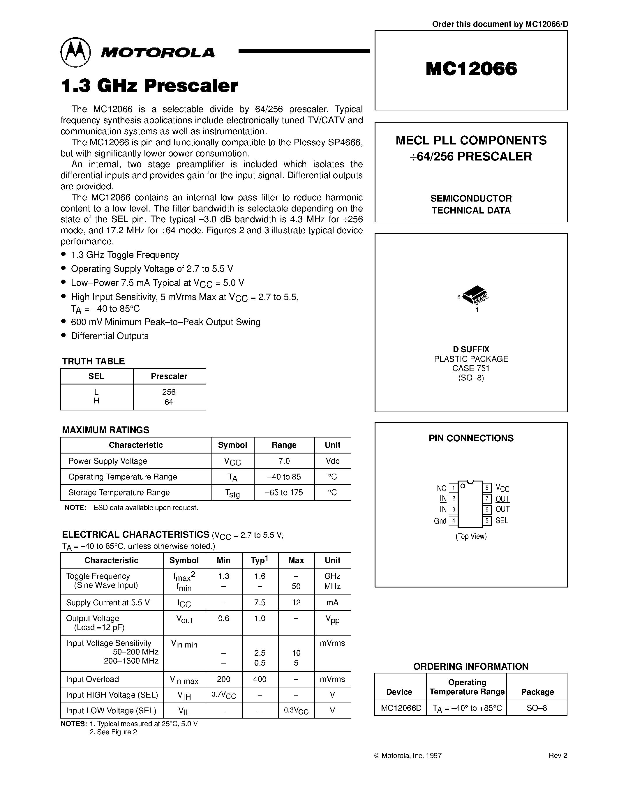 Datasheet MC12066D - MECL PLL COMPONENTS 64/256 PRESCALER page 1