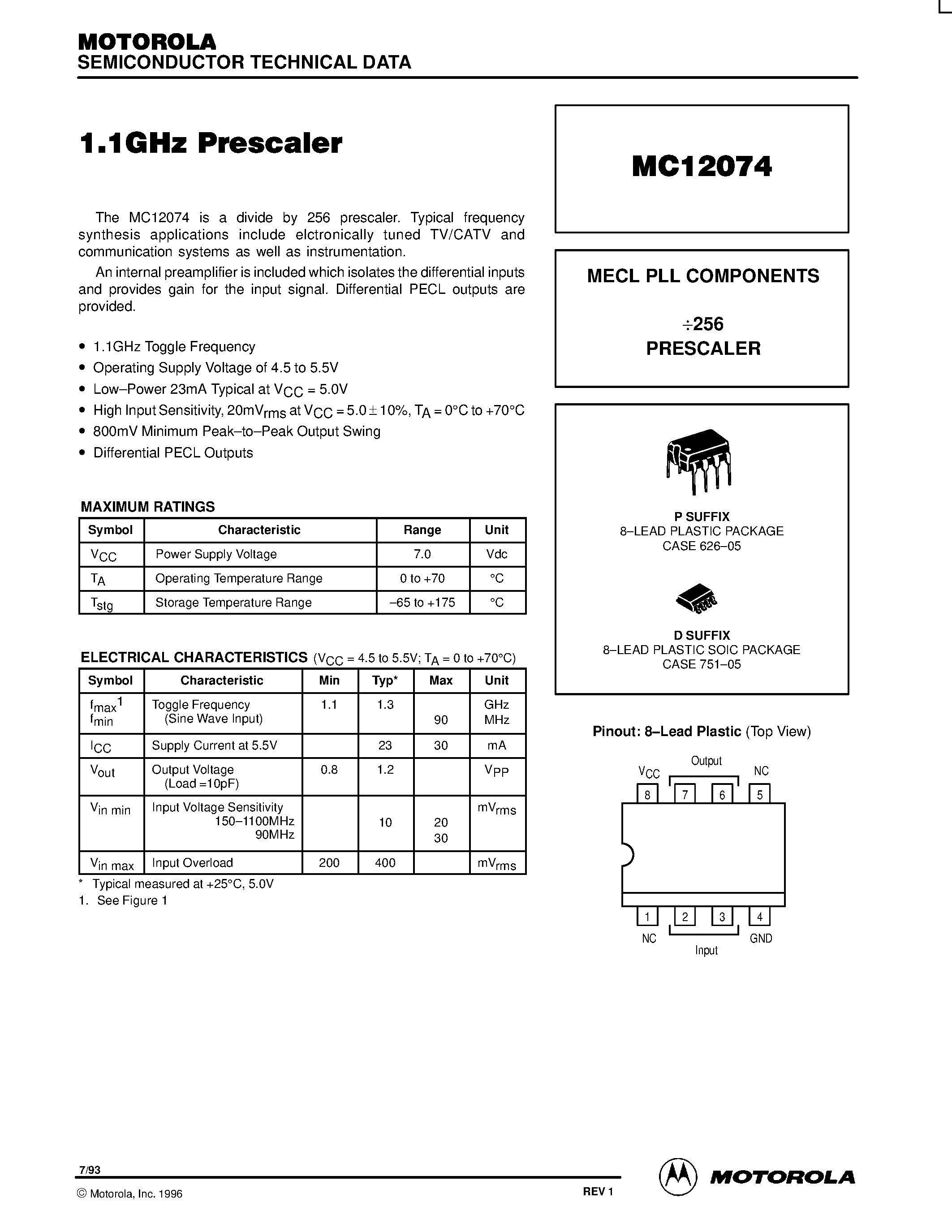 Datasheet MC12074D - MECL PLL COMPONENTS 256 PRESCALER page 1