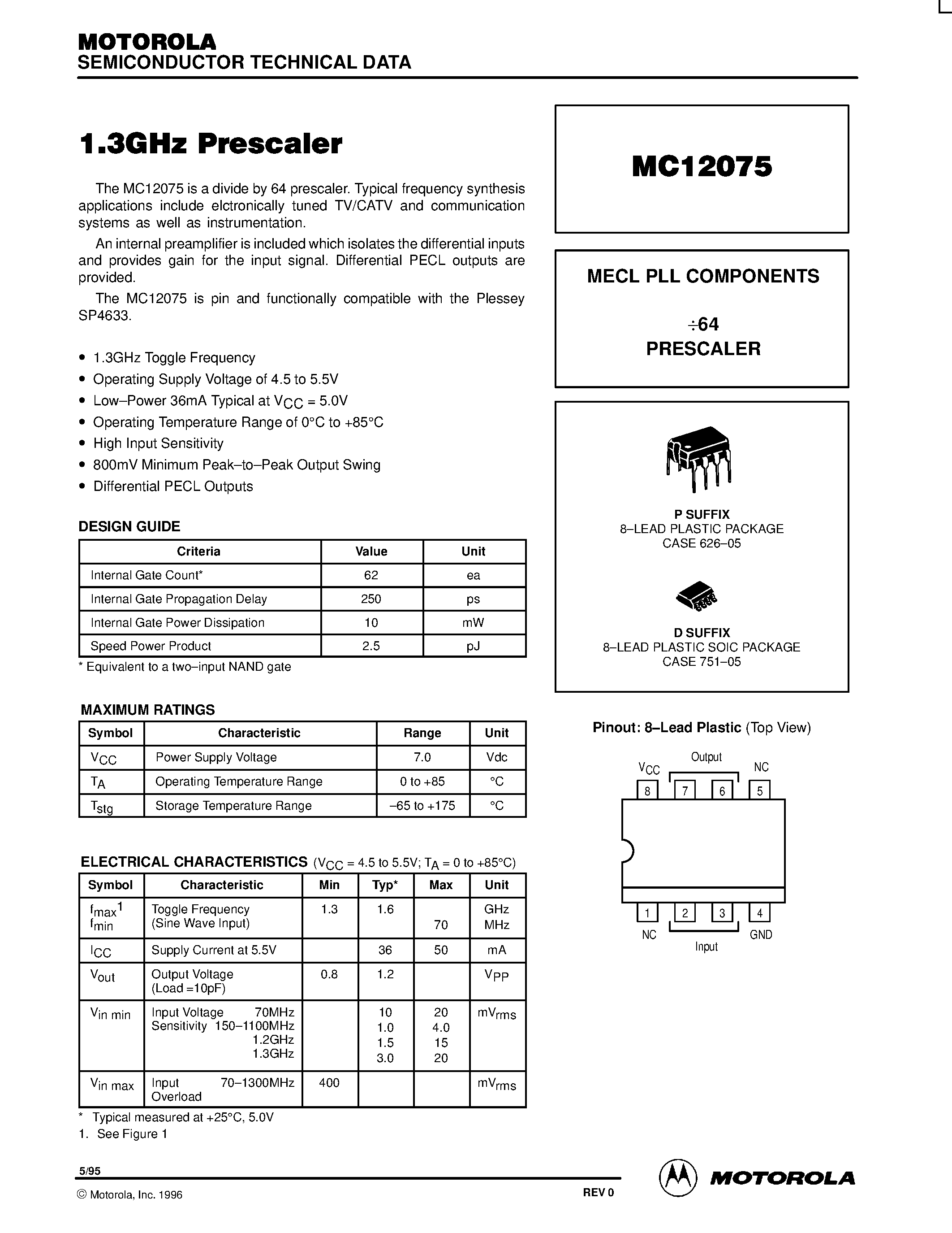 Datasheet MC12075D page 1 Datasheet MC12075D - MECL PLL COMPONENTS 64 PRESCALER page 1