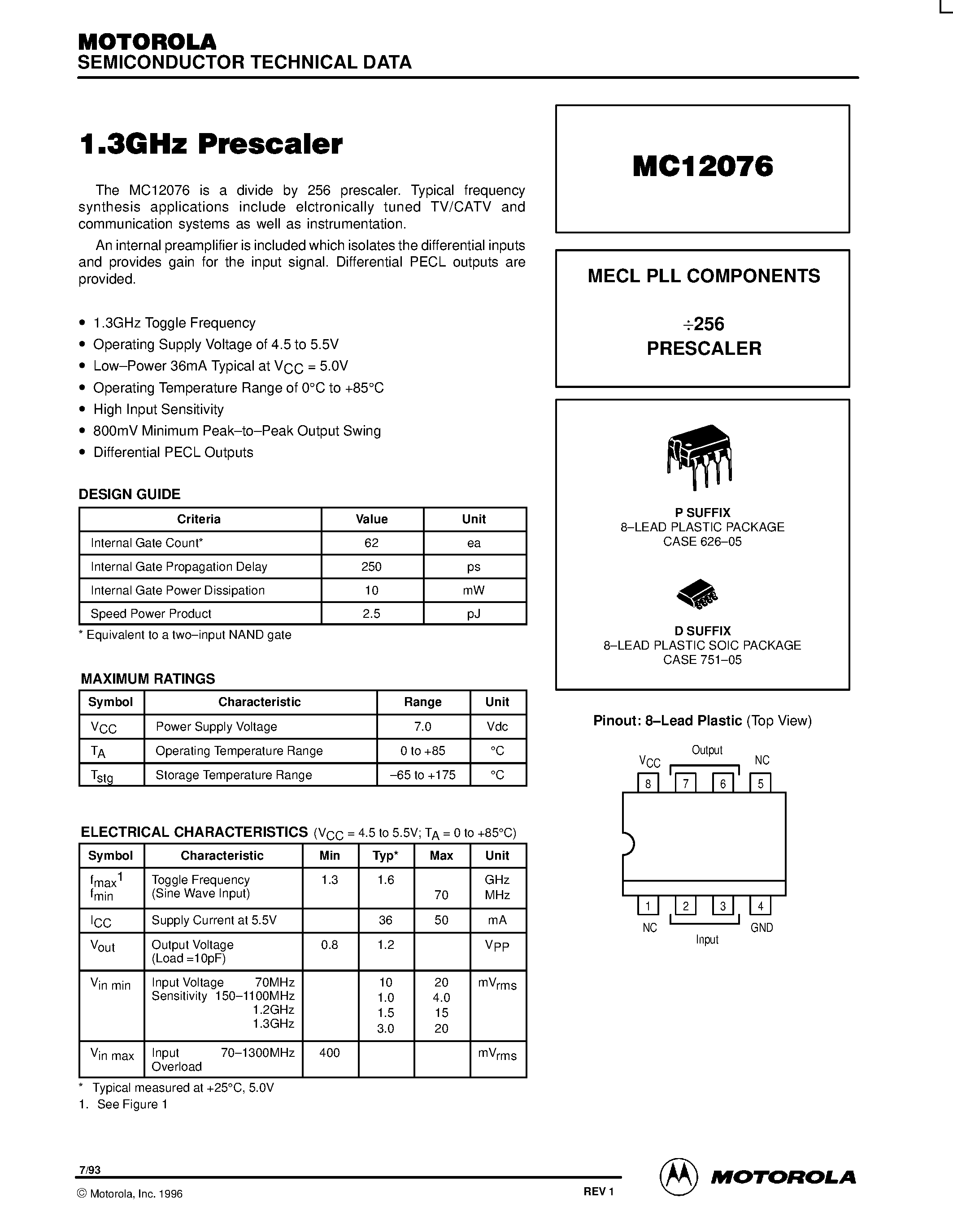 Datasheet MC12076D - MECL PLL COMPONENTS 256 PRESCALER page 1