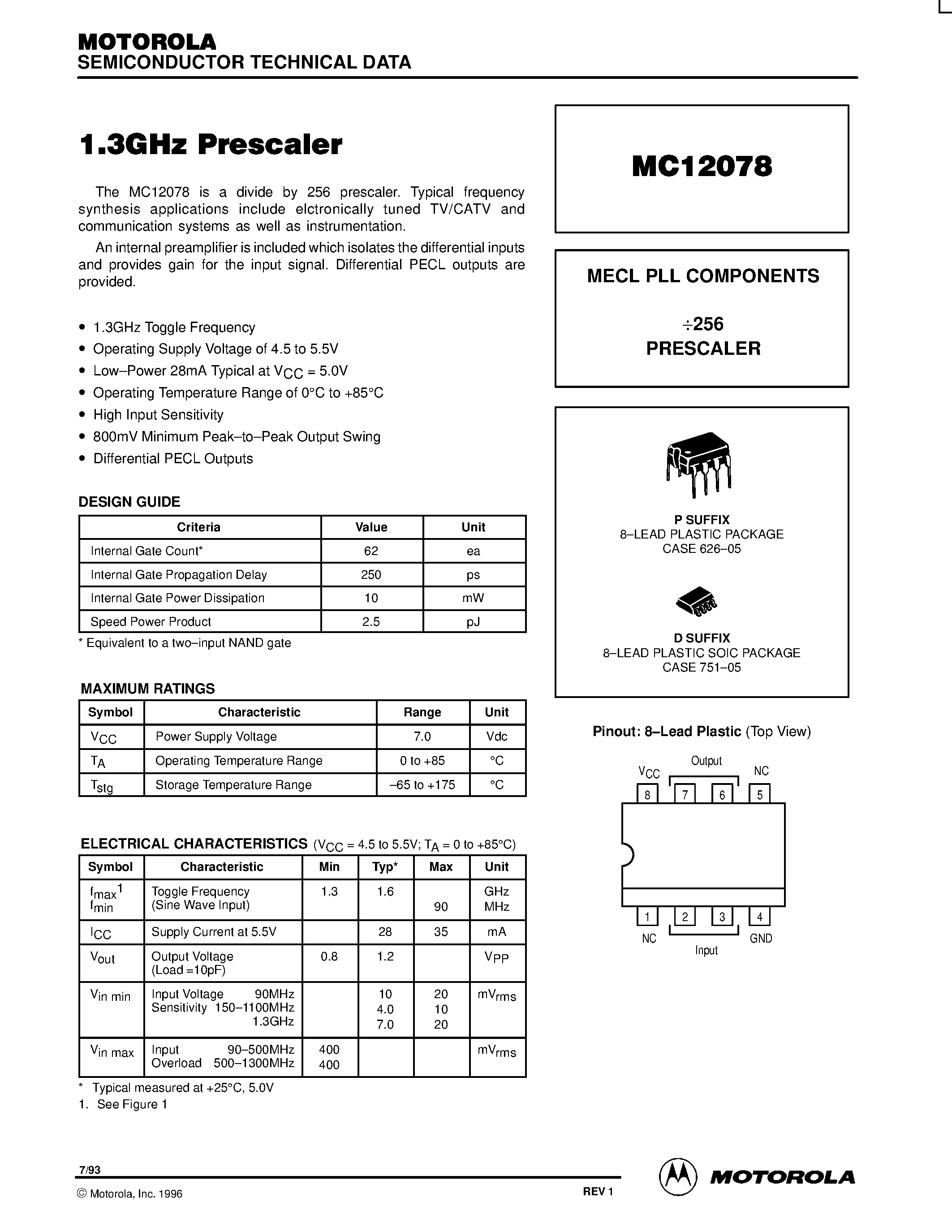 Datasheet MC12078D - MECL PLL COMPONENTS 256 PRESCALER page 1