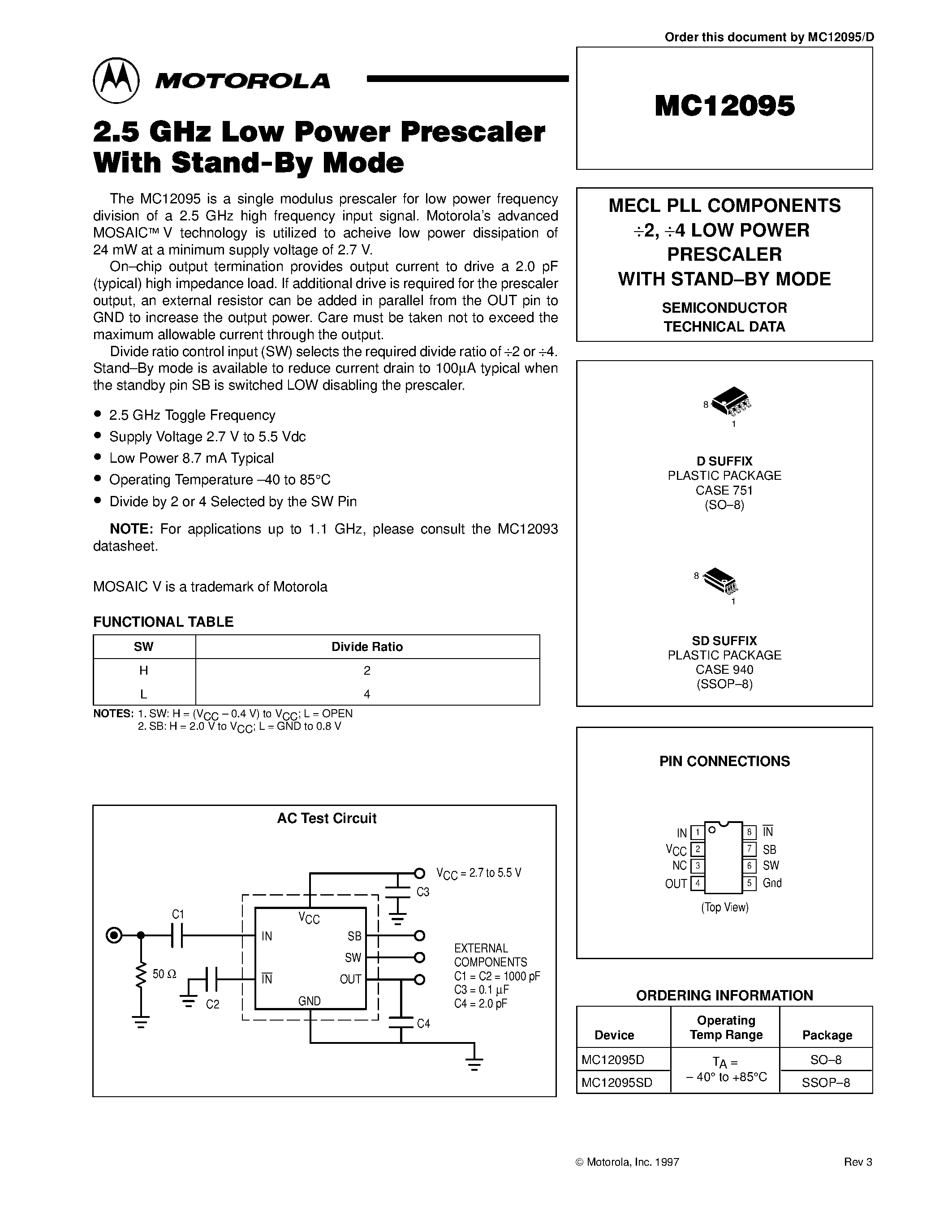 Datasheet MC12095SD - MECL PLL COMPONENTS 2 / 4 LOW POWER PRESCALER WITH STAND-BY MODE page 1