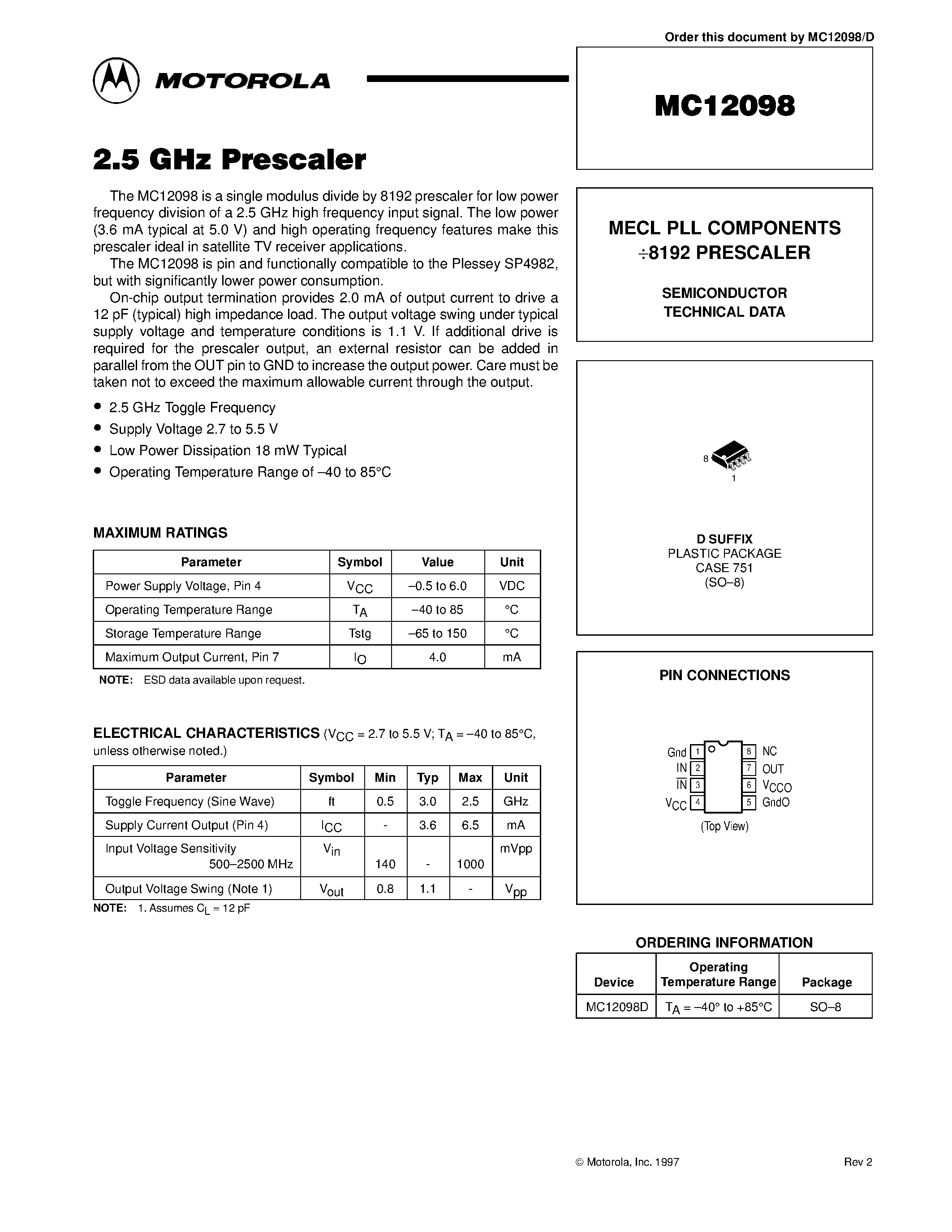 Datasheet MC12098 - MECL PLL COMPONENTS 8192 PRESCALER page 1