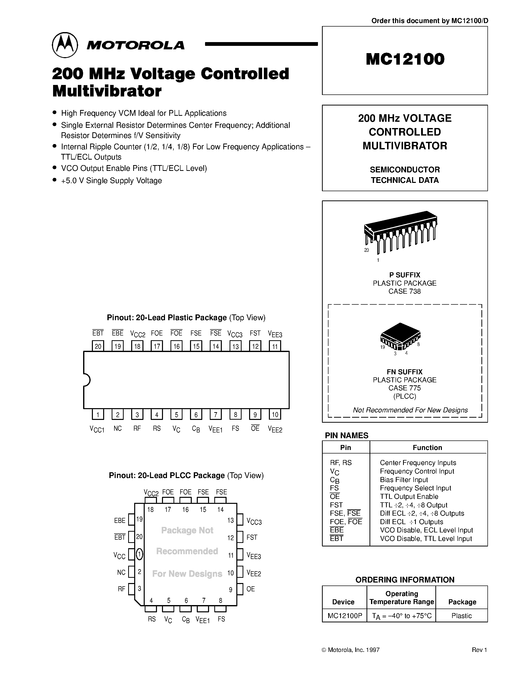 Даташит MC12100 - 200 MHz VOLTAGE CONTROLLED MULTIVIBRATOR страница 1
