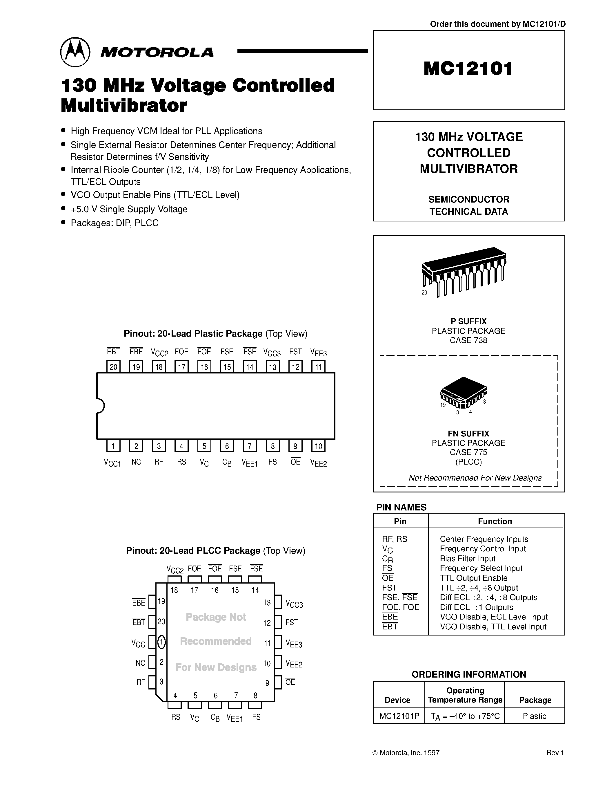 Datasheet MC12101FN - 130 MHz VOLTAGE CONTROLLED MULTIVIBRATOR page 1