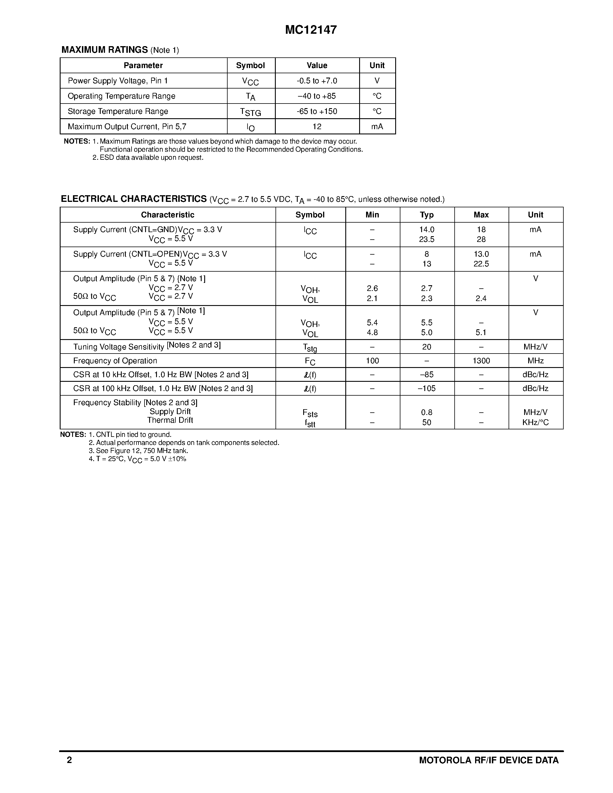 Даташит на микросхему MC12147D страница 2 Даташит MC12147D - LOW POWER VOLTAGE CONTROLLED OSCILLATOR BUFFER страница 2