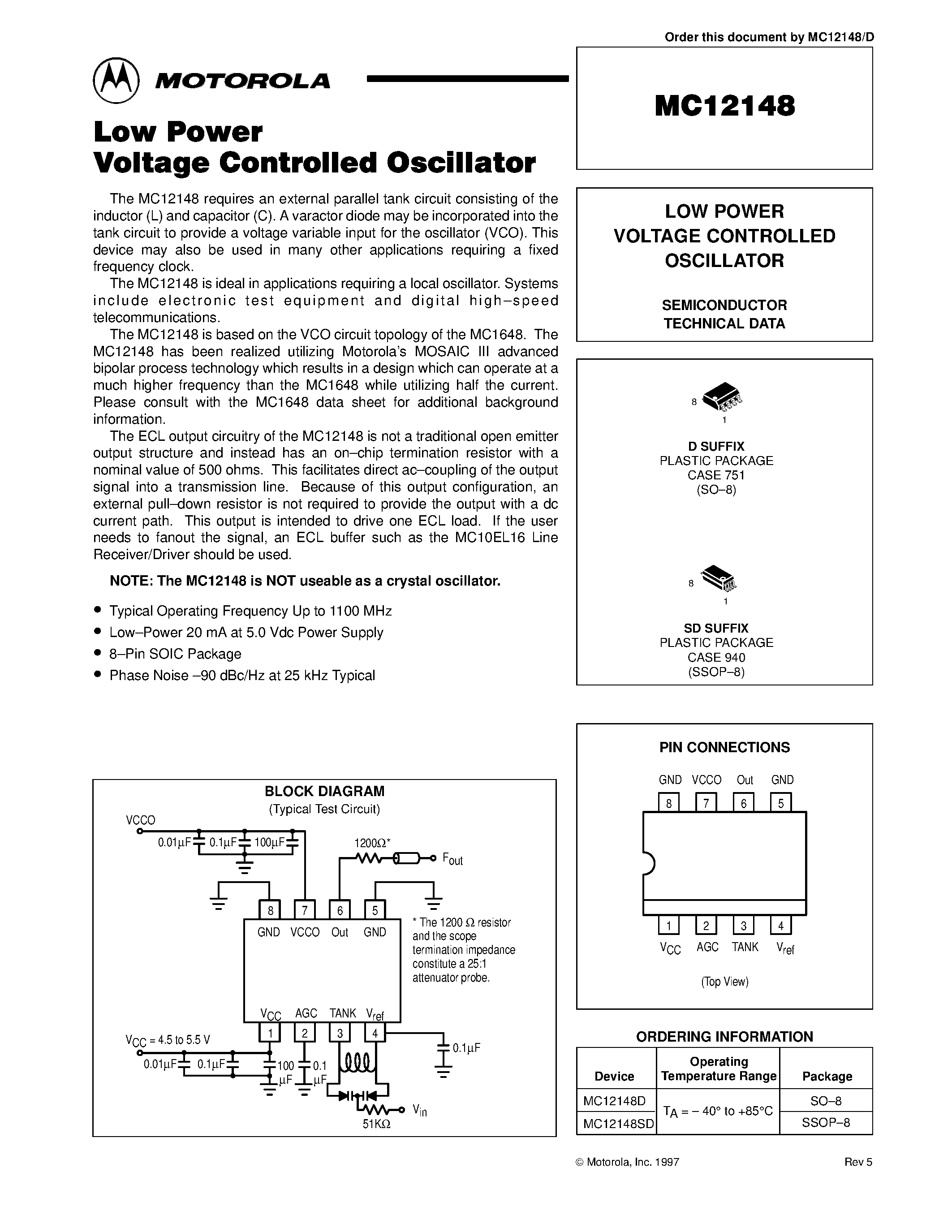 Даташит MC12148D - LOW POWER VOLTAGE CONTROLLED OSCILLATOR страница 1