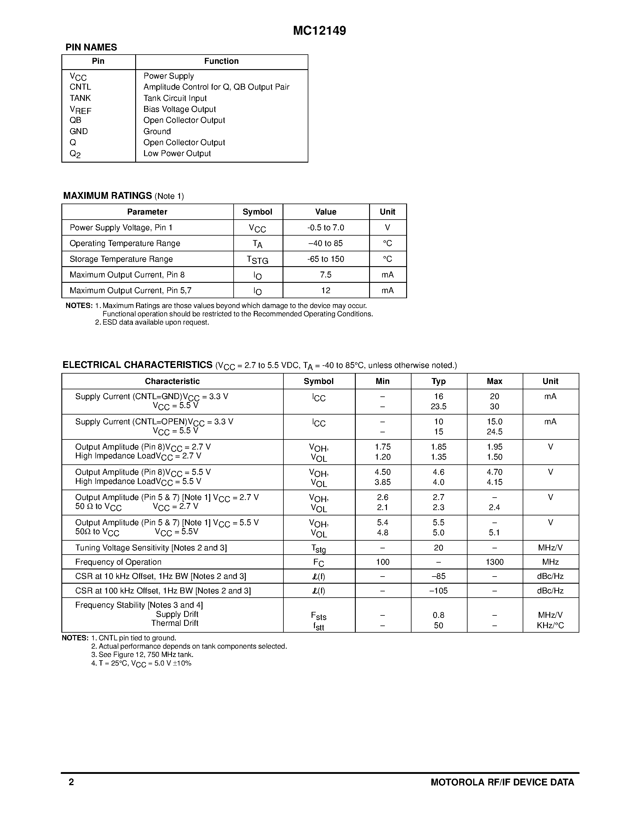 Даташит на микросхему MC12149D страница 2 Даташит MC12149D - LOW POWER VOLTAGE CONTROLLED OSCILLATOR BUFFER страница 2