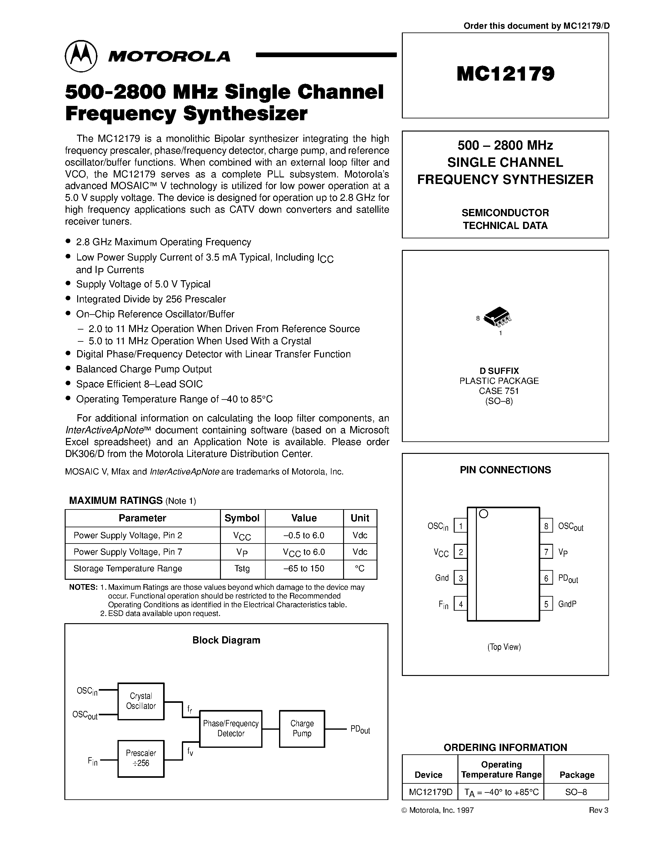 Даташит MC12179D - 500 - 2800 MHz SINGLE CHANNEL FREQUENCY SYNTHESIZER страница 1