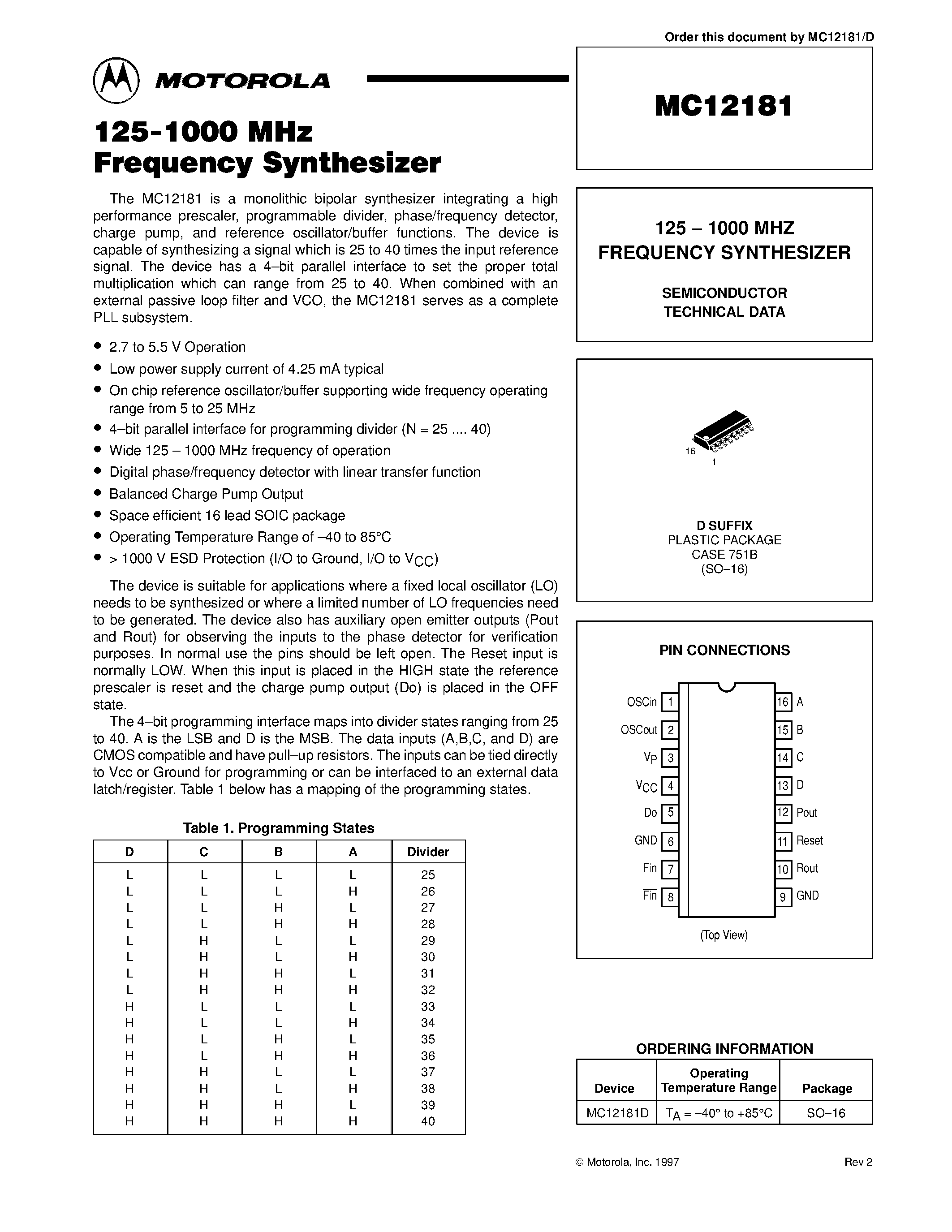 Datasheet MC12181D - 125 - 1000 MHZ FREQUENCY SYNTHESIZER page 1