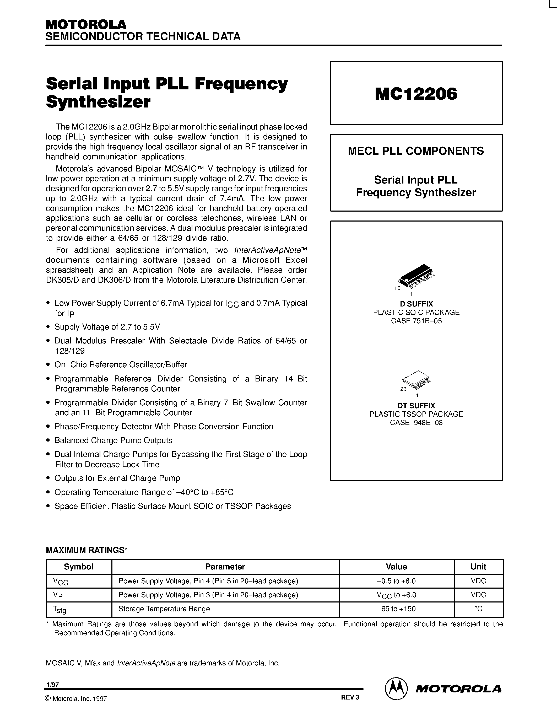 Datasheet MC12206DT - MECL PLL COMPONENTS Serial Input PLL Frequency Synthesizer page 1