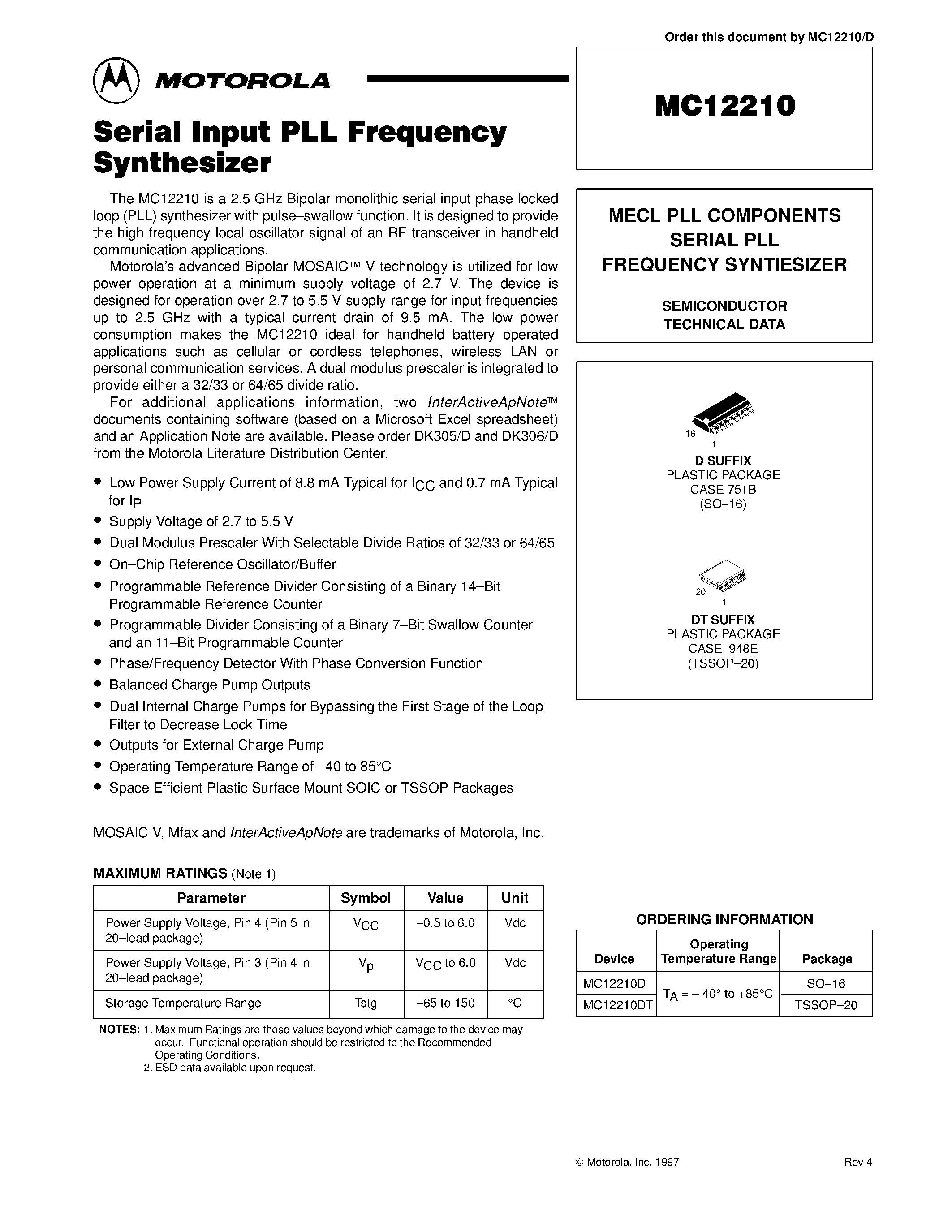 Даташит MC12210DT - MECL PLL COMPONENTS SERIAL PLL FREQUENCY SYNTIESIZER страница 1