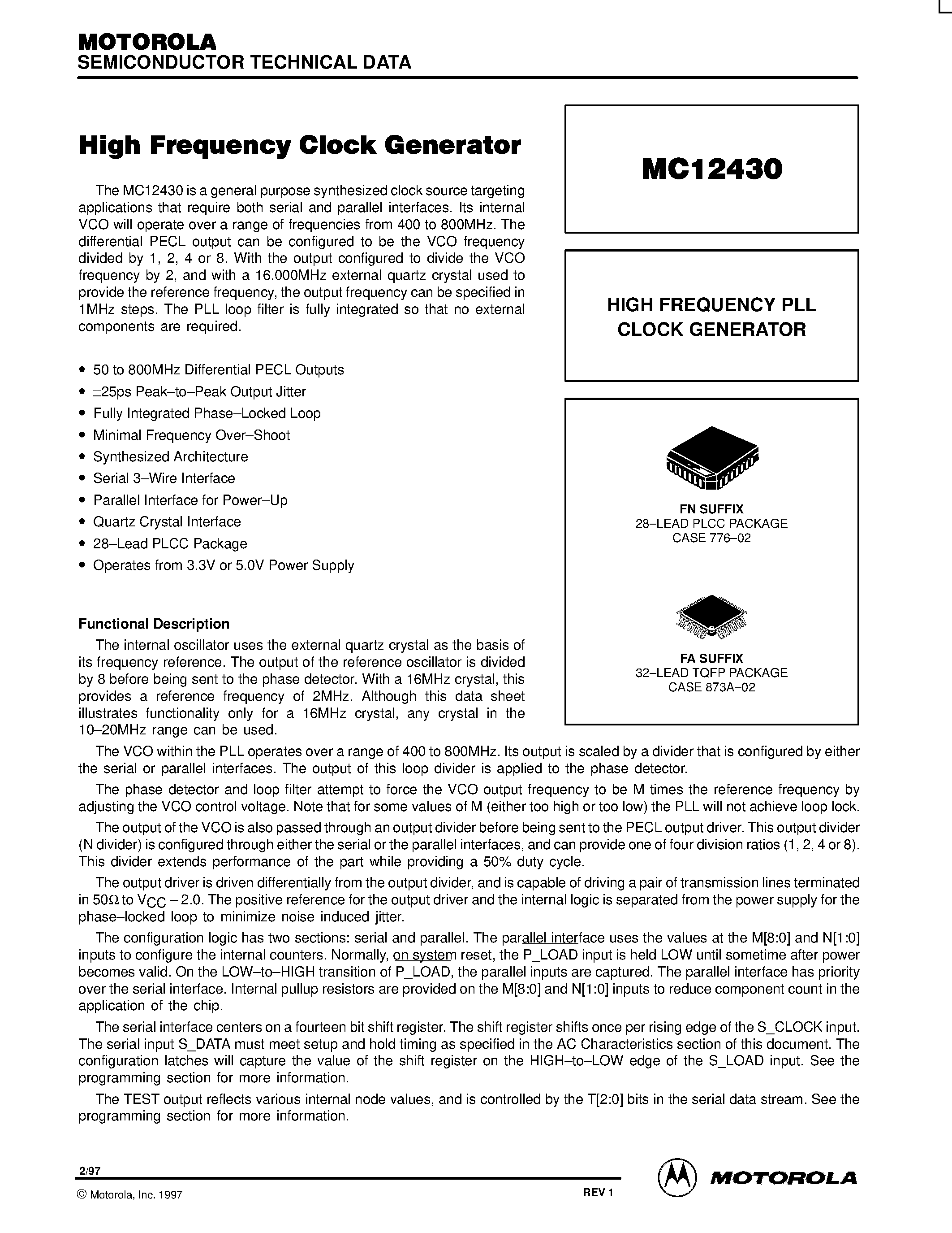Даташит MC12430FN - HIGH FREQUENCY PLL CLOCK GENERATOR страница 1
