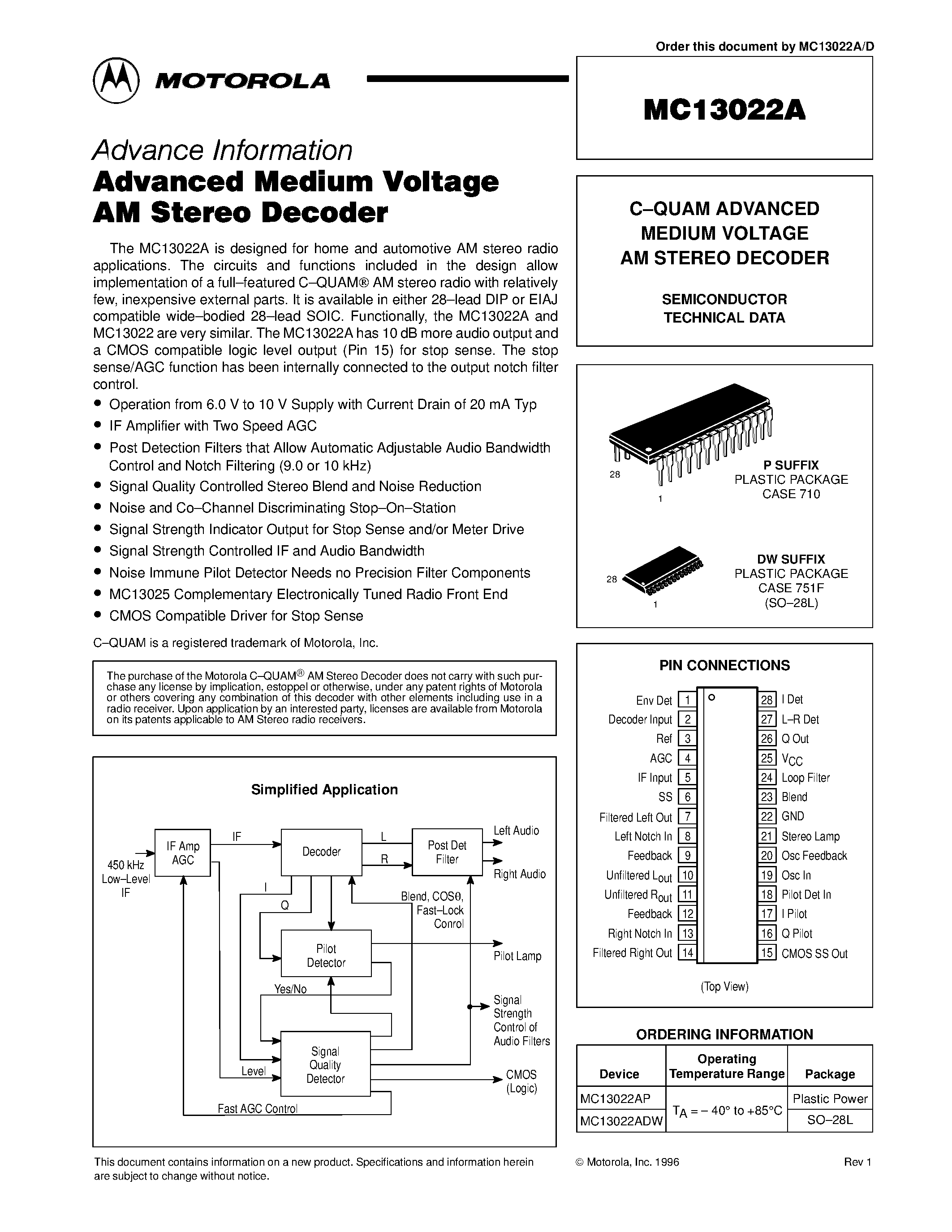 Datasheet MC13022AP page 1 Datasheet MC13022AP - C-QUAM ADVANCED MEDIUM VOLTAGE AM STEREO DECODER page 1