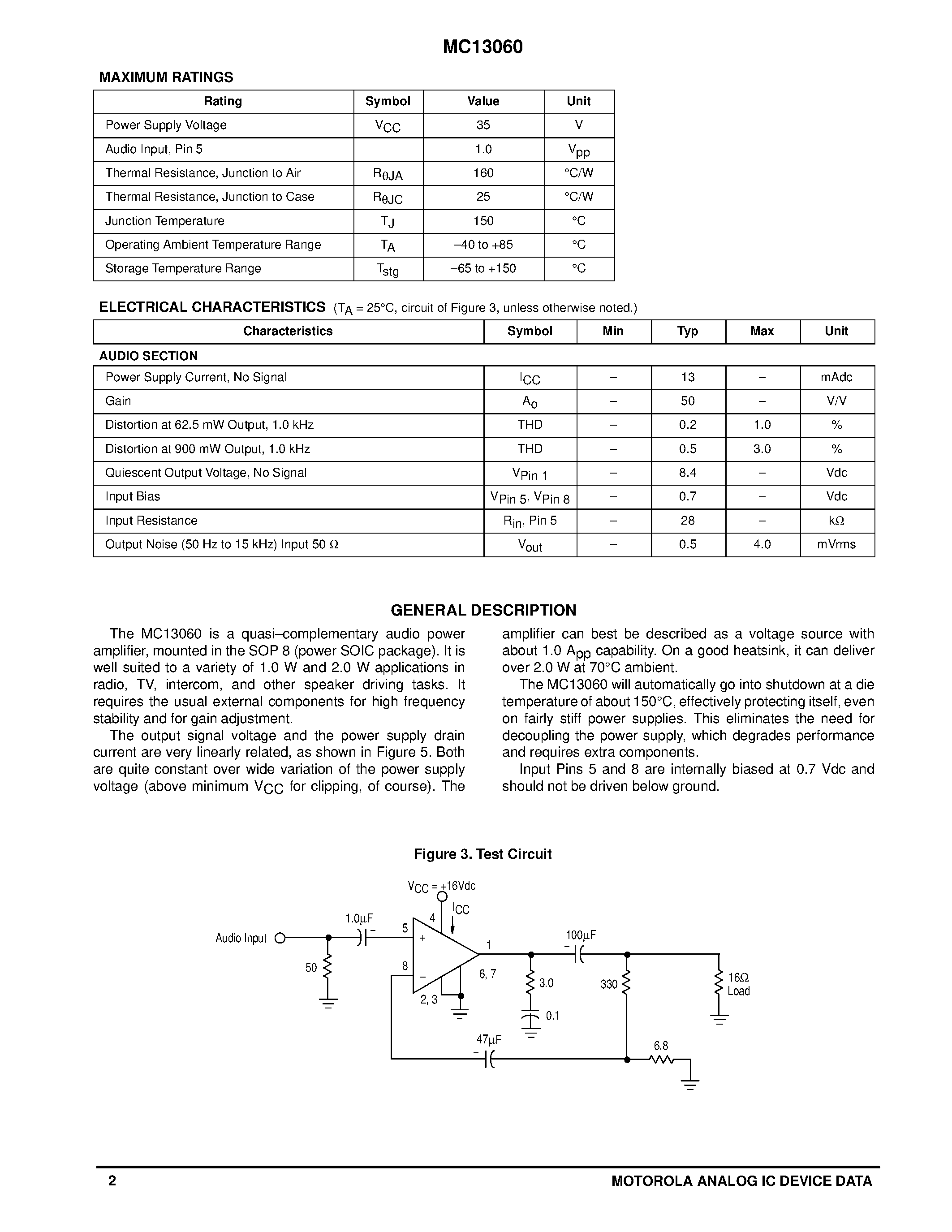 Datasheet MC13060D page 2 Datasheet MC13060D - MINI-WATT AUDIO OUTPUT page 2