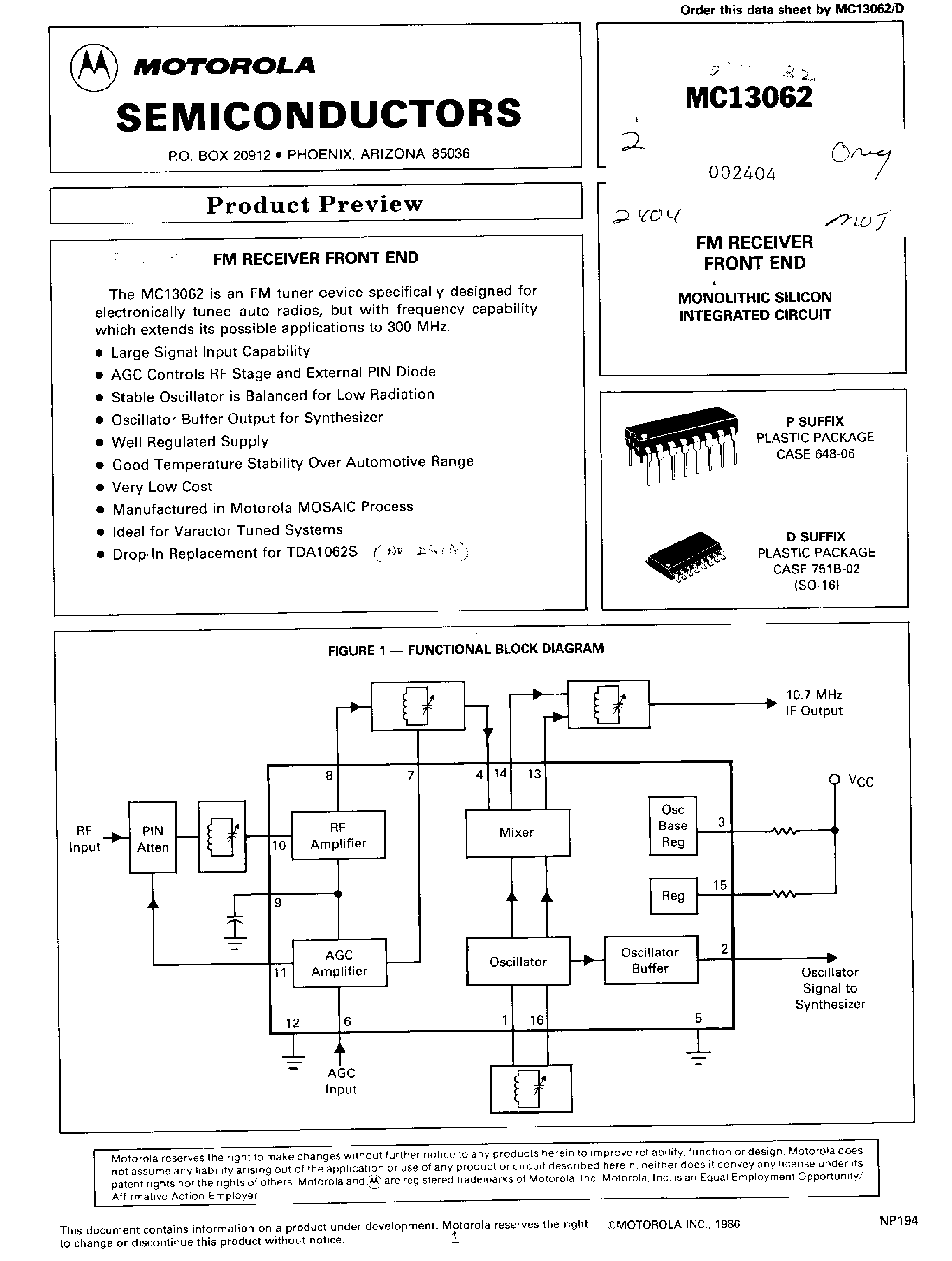 Datasheet MC13062D page 1 Datasheet MC13062D - FM RECEIVER FRONT END page 1