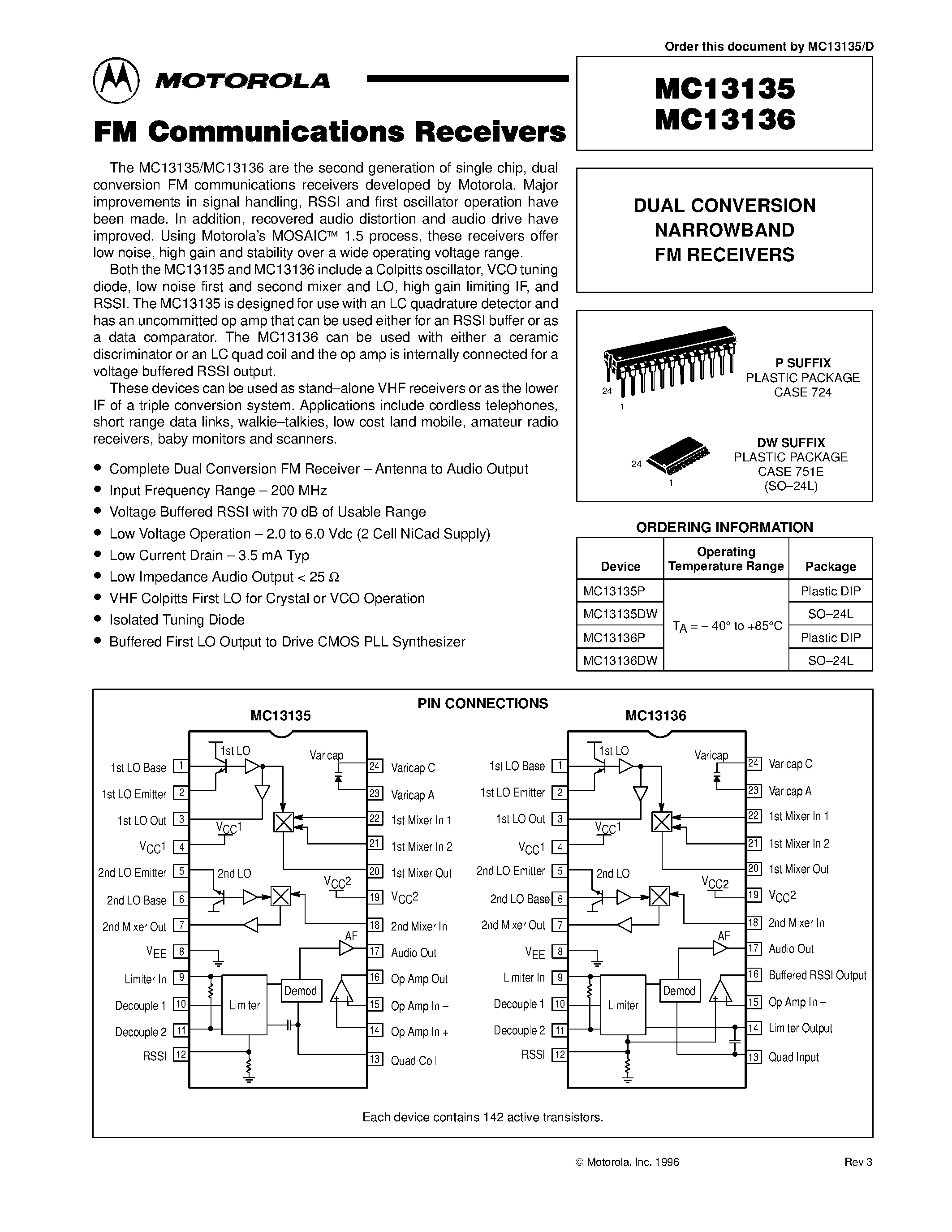 Даташит MC13136P - DUAL CONVERSION NARROWBAND FM RECEIVERS страница 1