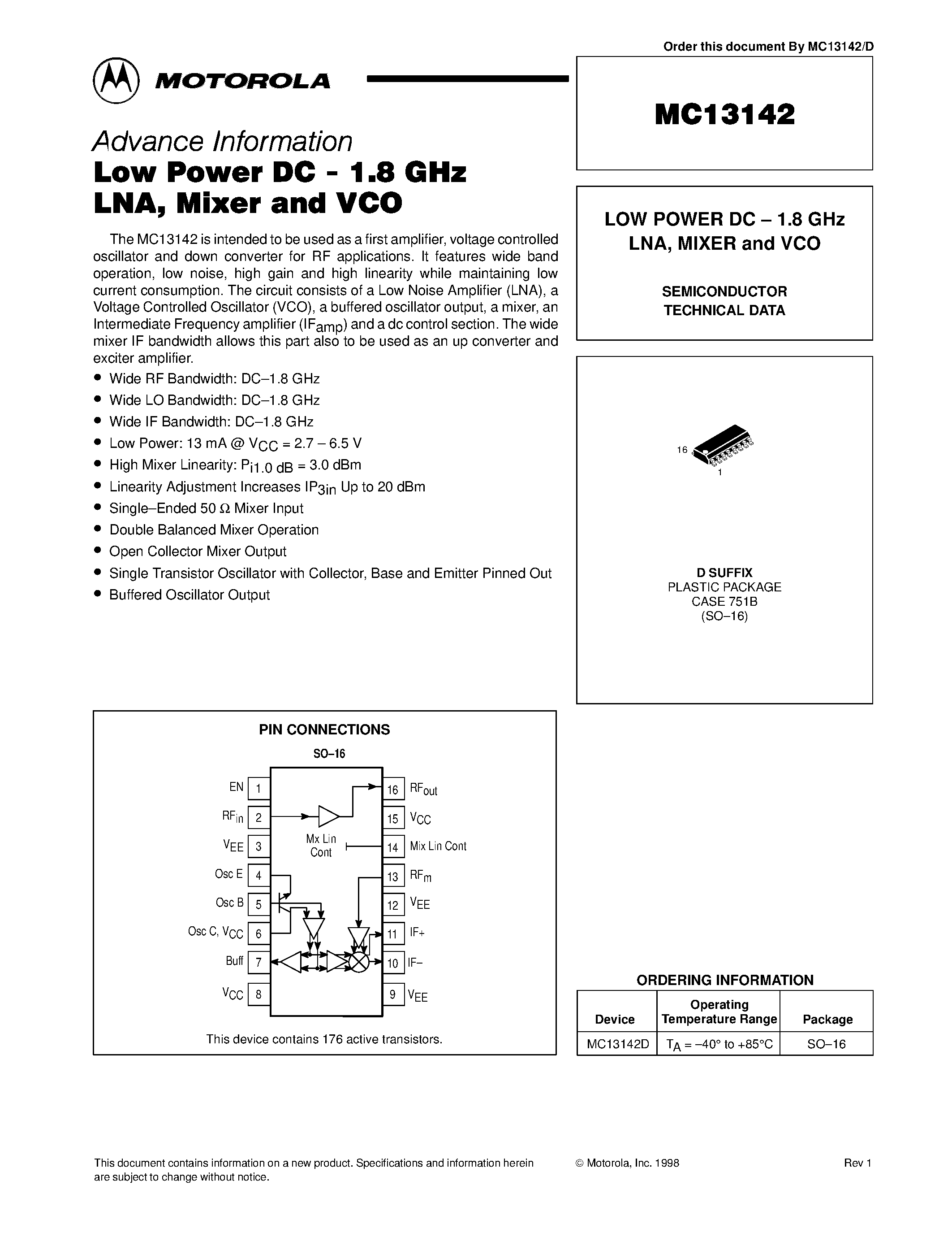 Даташит MC13142D - LOW POWER DC - 1.8 GHz LNA / MIXER and VCO страница 1