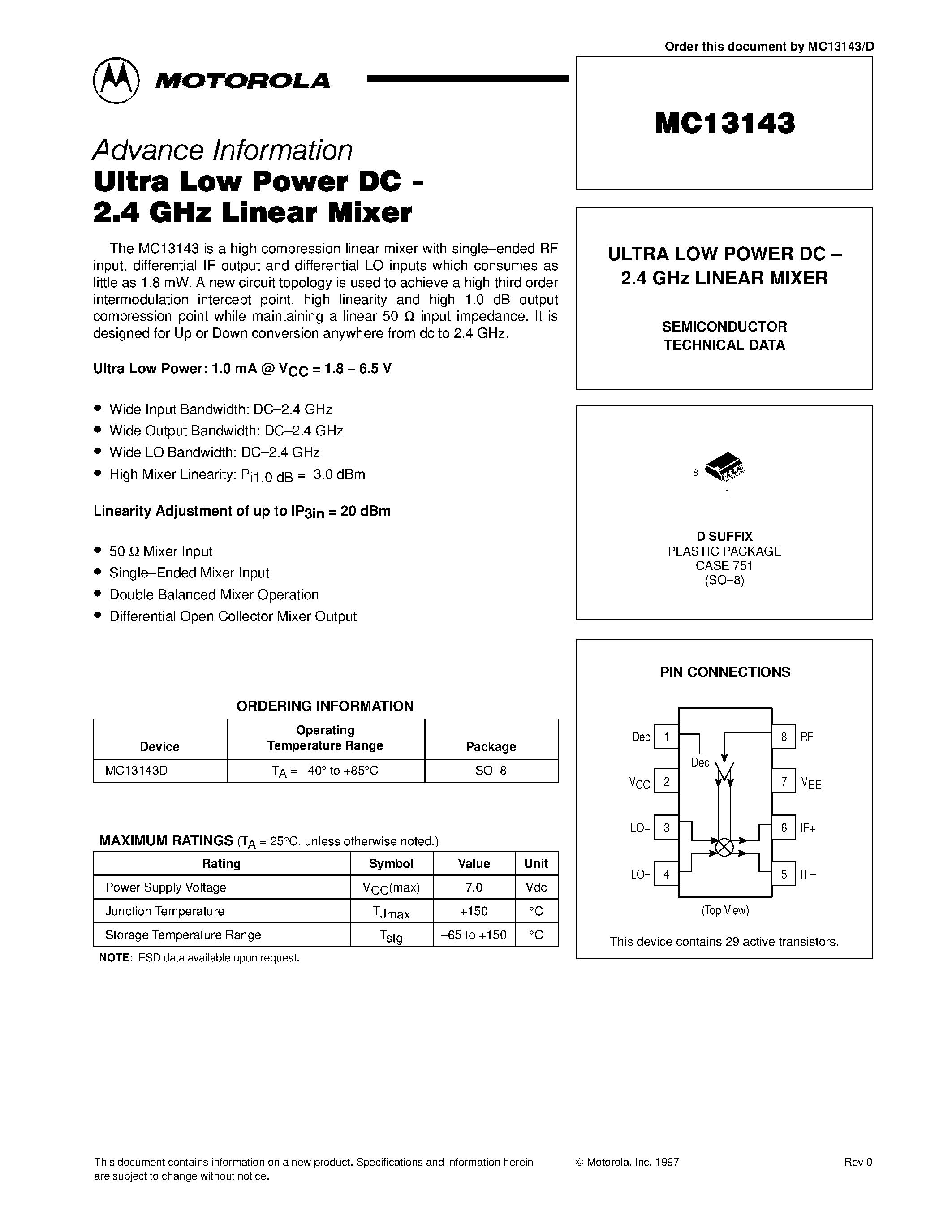Даташит MC13143 - ULTRA LOW POWER DC - 2.4 GHz LINEAR MIXER страница 1